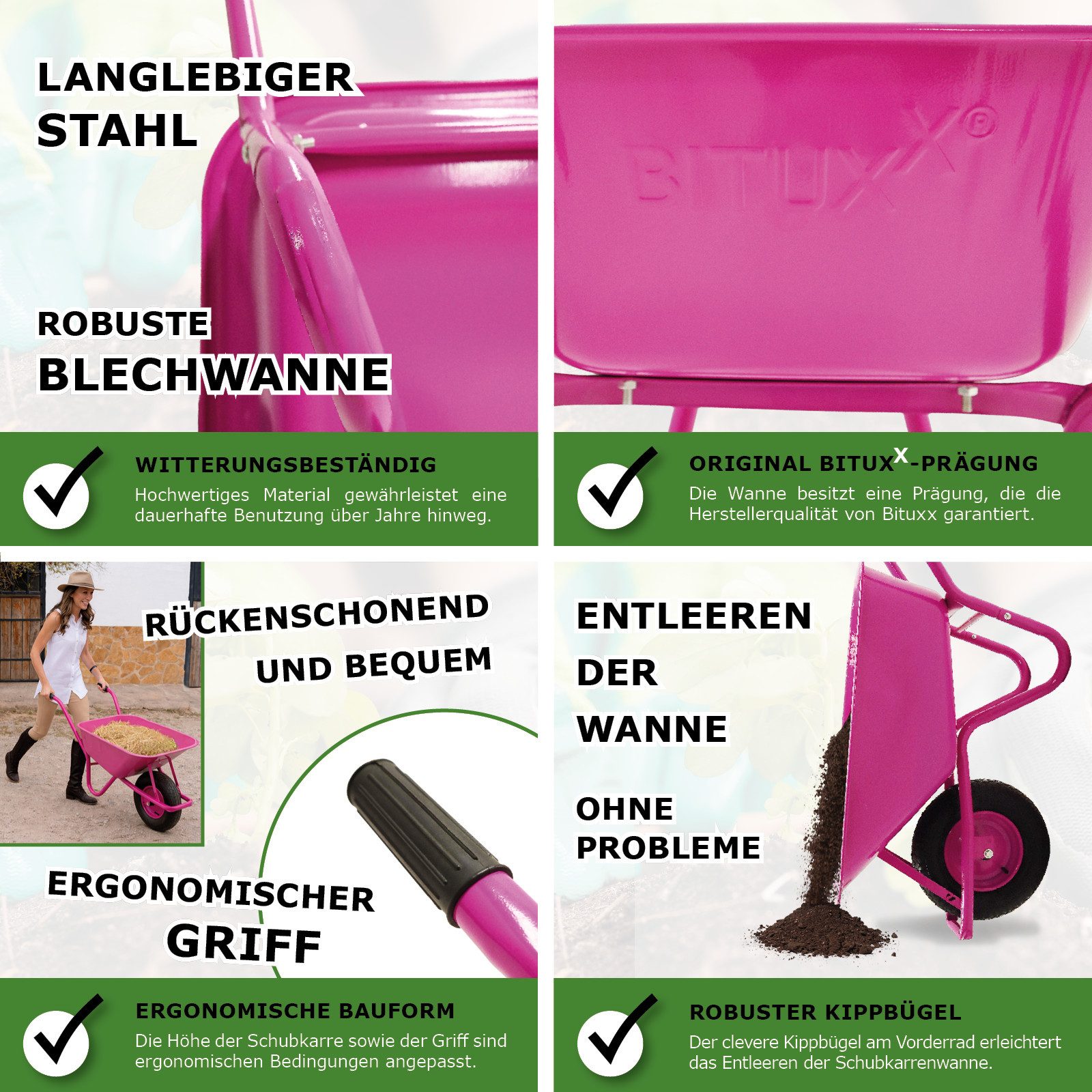 Bituxx Schubkarre 100 Liter 250 kg Pink, (MS-20004), 100 Liter Volumen, 250 kg, Stahlrahmen, Pulverberschichtet – Bild 2 von 5