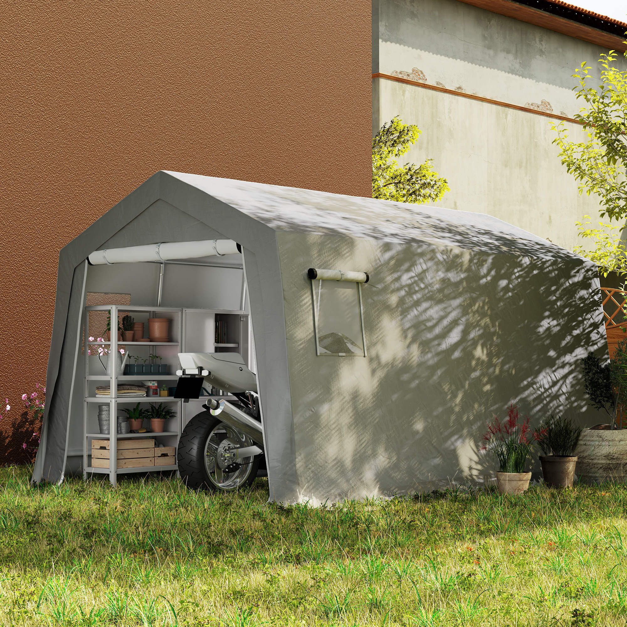Outsunny Gerätezelt mit Satteldach, Türen, Fenster, Personen: 13 (Gerätehaus, 1 tlg., wasserdicht Foliengerätehaus), für Terrasse, Garten, 300 x 447 x 255 cm, Hellgrau