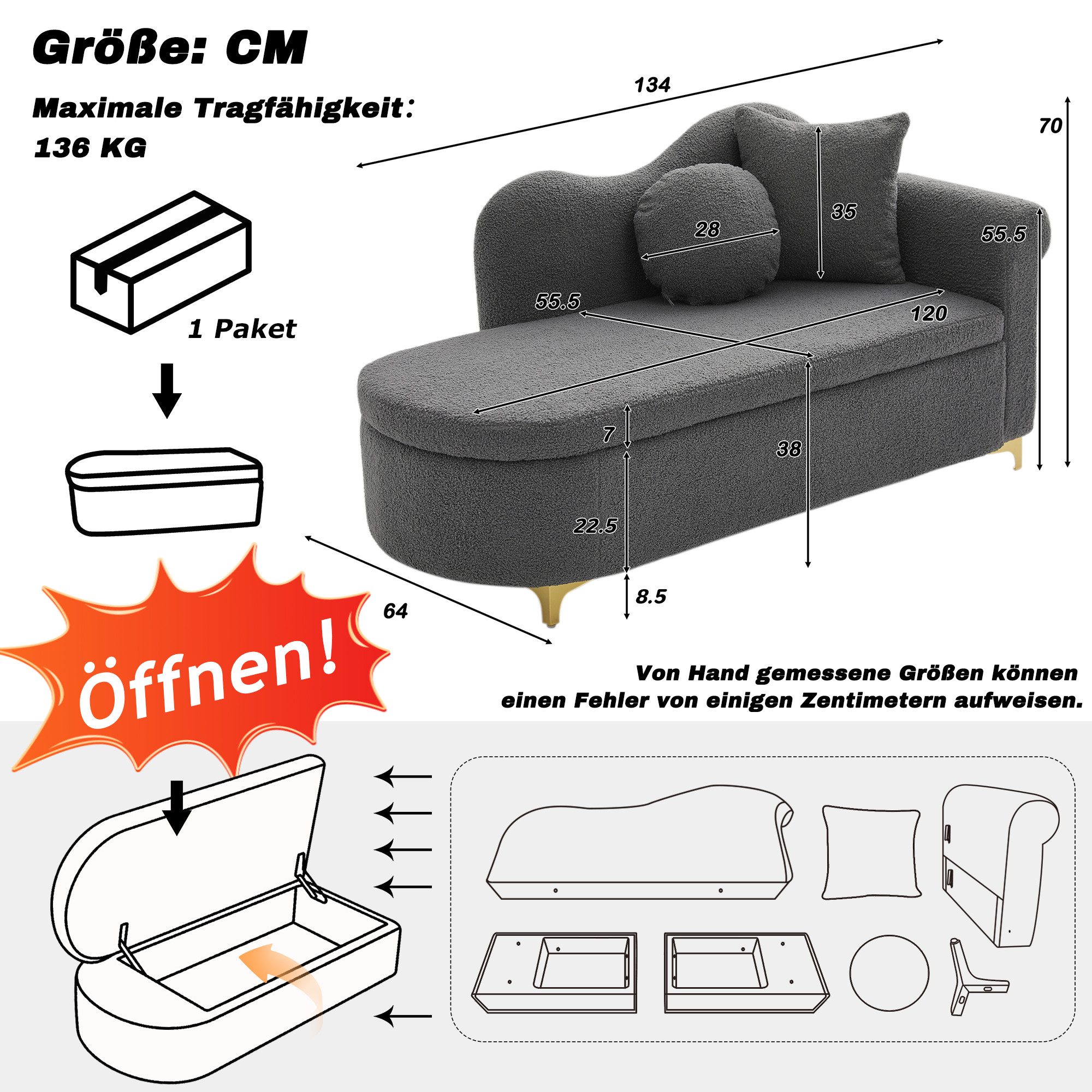 Odikalo Chaiselongue Relaxsessel Freizeitstuhl mit Stauraum & Schlaffunktion, modernes Design wellenförmige Rückenlehne Lammfell-Optik-Stoff hochdichter Sitzkis – Bild 4 von 5