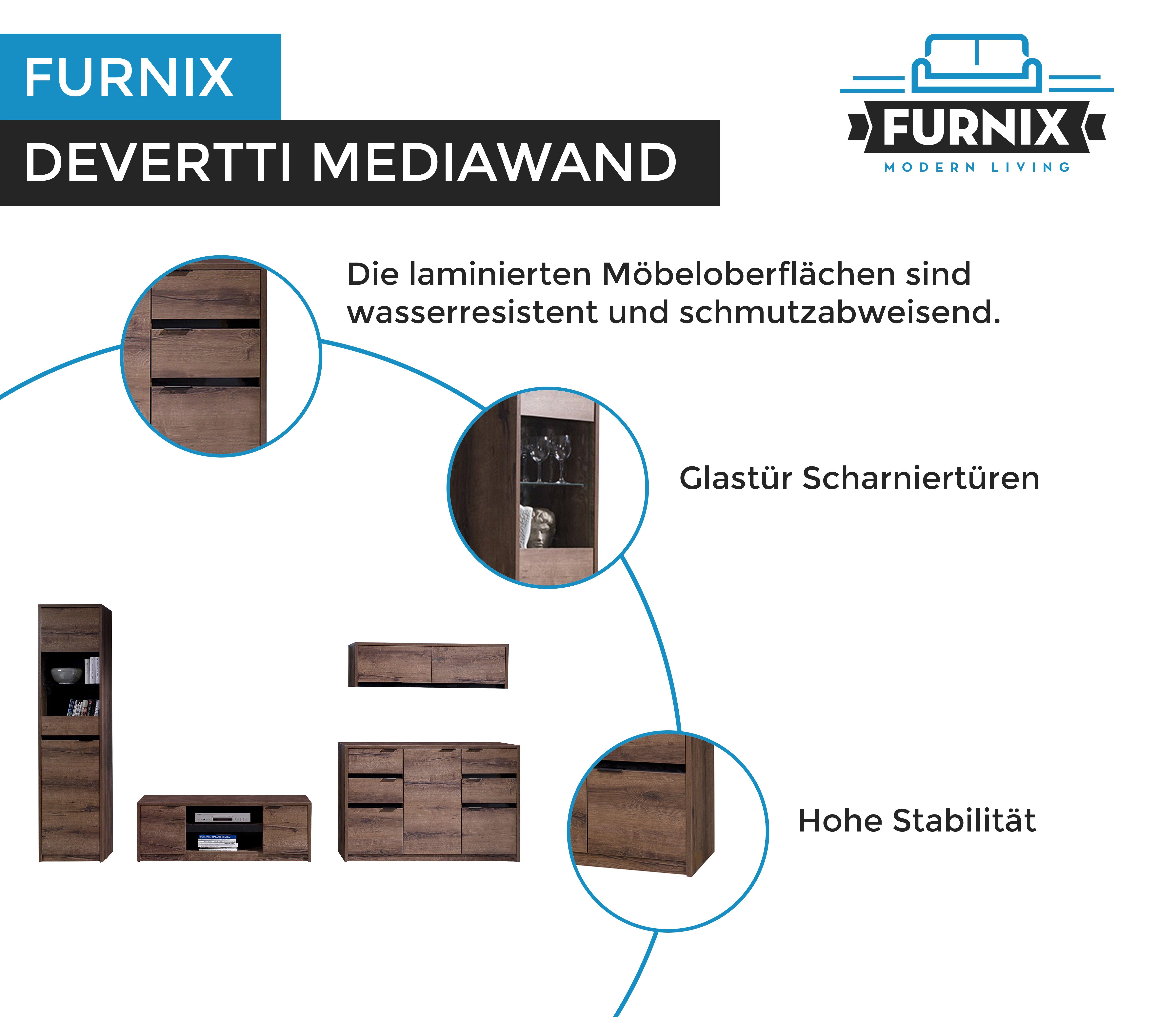 4-teilige TV-Schrank, Wandschrank, Monastery/Schwarz Vitrine, Möbelwand Wohnwand 3 Furnix Mediawand Glanz, DEVERTTI Kommode
