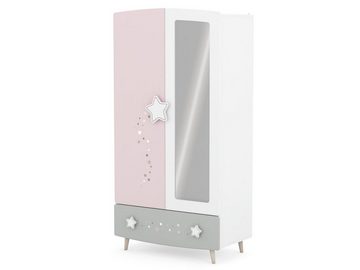 möbelando Drehtürenschrank Savannah Moderner Kinder-Kleiderschrank in Pastellfarben (Weiß/Grau/Rosa), Korpus aus Spanplatte, Front aus MDF mit 1 Holztür, 1 Spiegeltür, 1 Schubkasten. 2 Kleiderstangen, 1 Konstruktionsboden und 2 Einlegeböden. Breite 95 cm, Höhe 186,6 cm, Tiefe 51,6 cm