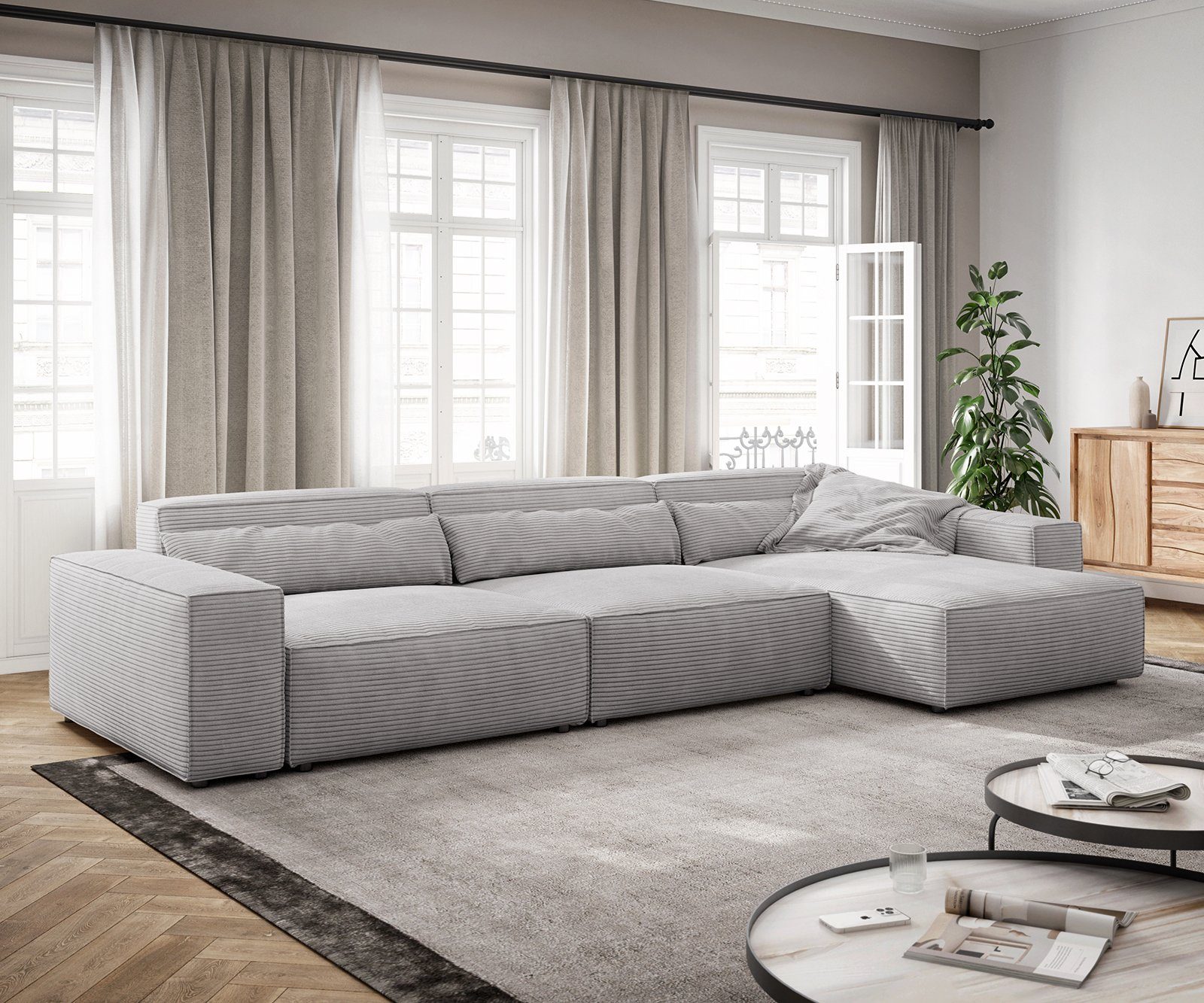 DELIFE Ecksofa Sirpio, XL Cord Silbergrau 370x170 cm Recamiere variabel