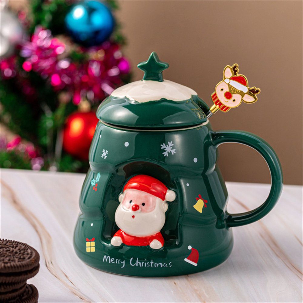 Rouemi Tasse Weihnachts-Keramikbecher, Elchbecher mit Deckel Löffel Geschenkkarton Grün