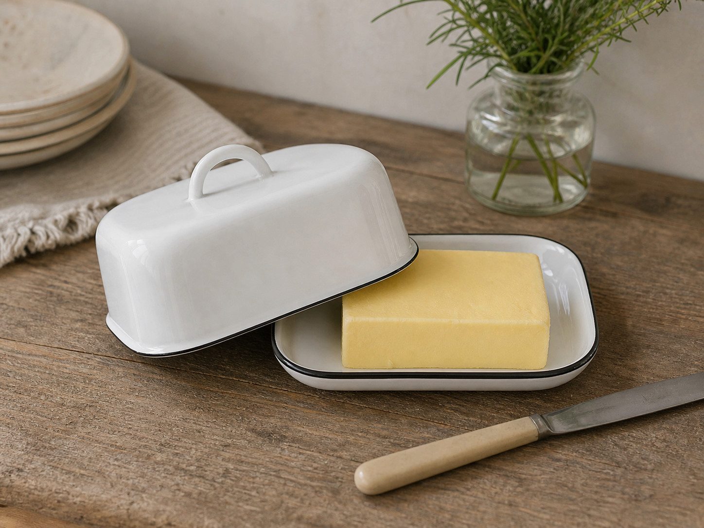 Ib Laursen Butterdose Ib Laursen Butterbox Emaille Weiß mit schwarzer Kante – 2-teilig