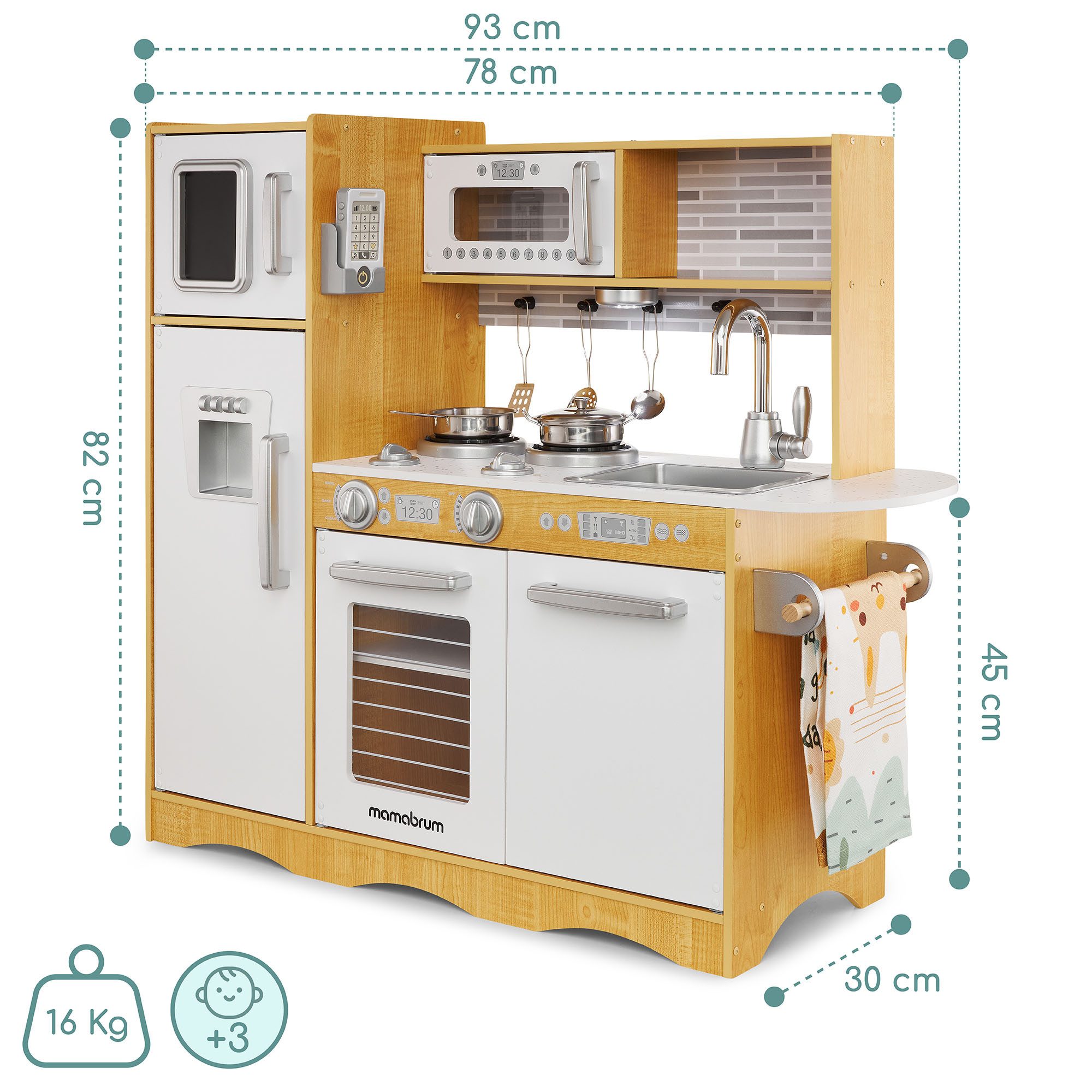 Mamabrum Kinder-Küchenset XXL-Holzküche mit LED-Beleuchtung, Schürze und Zubehör- Spielset