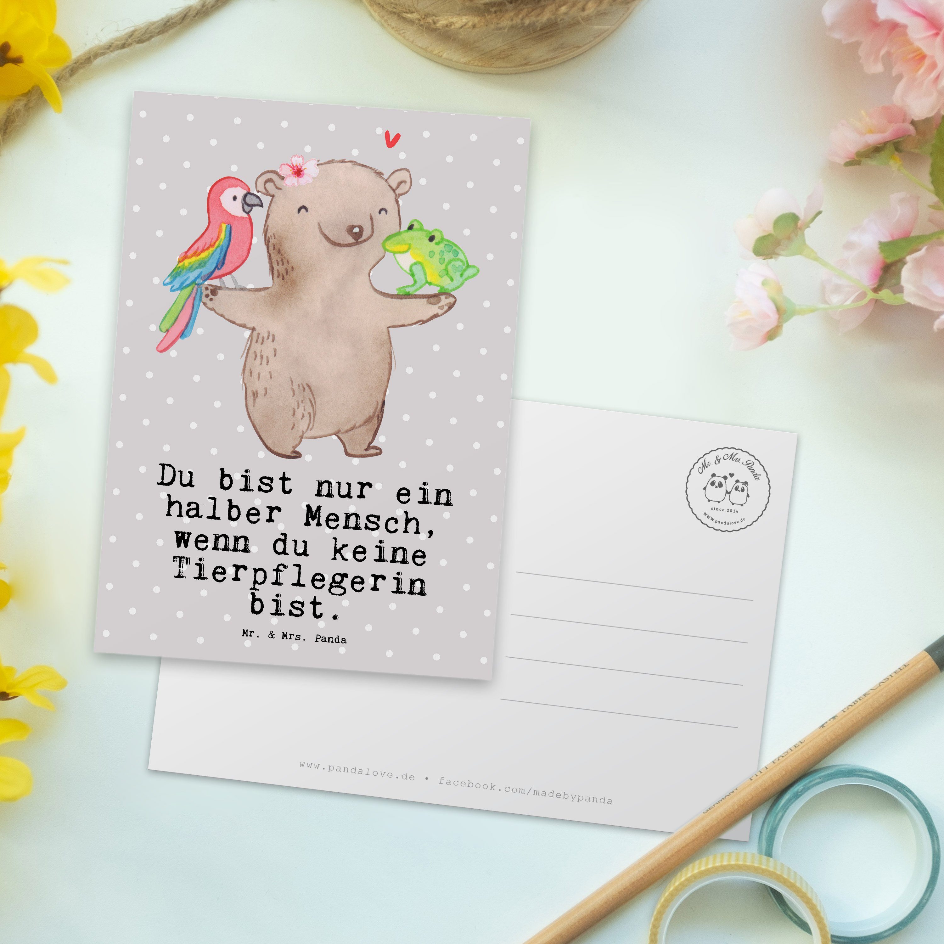Pastell Mrs. Geschenk, Panda Herz & Mr. Grau - Karte, Dankeschön mit Postkarte - Tierpflegerin