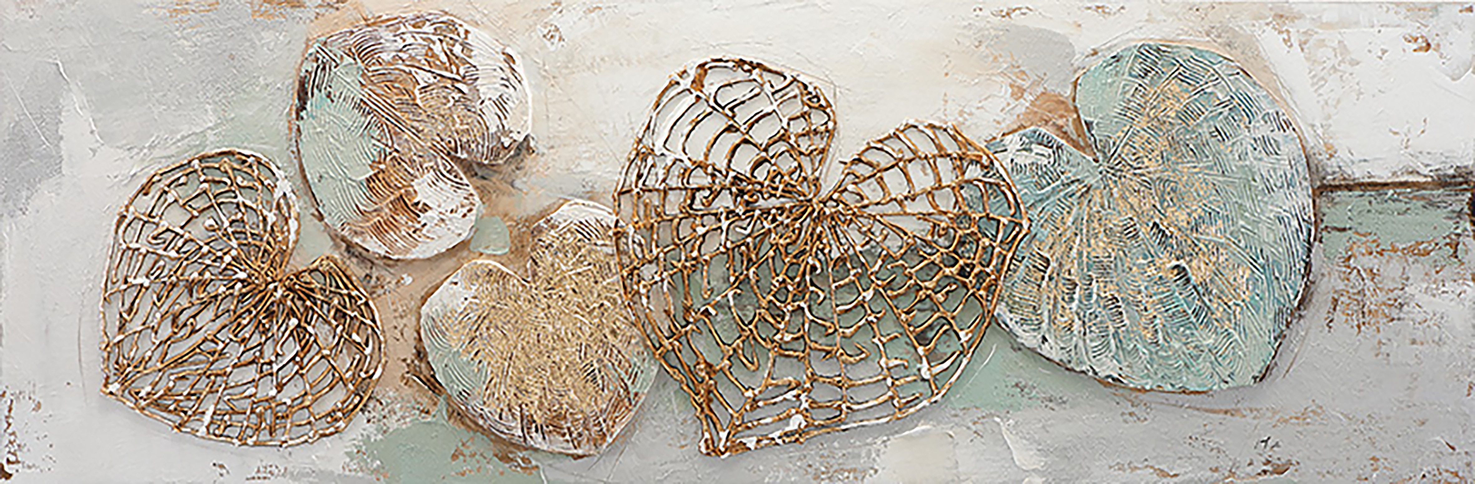 Bönninghoff Ölgemälde handarbeit HERZEN 40x120 cm – Wandbild Kunst Deko modern, Abstrakt, Blätter, Blätterbilder, Formen, Kunst, Symbole (1 St), handgefertigt, jedes Bild ein Unikat