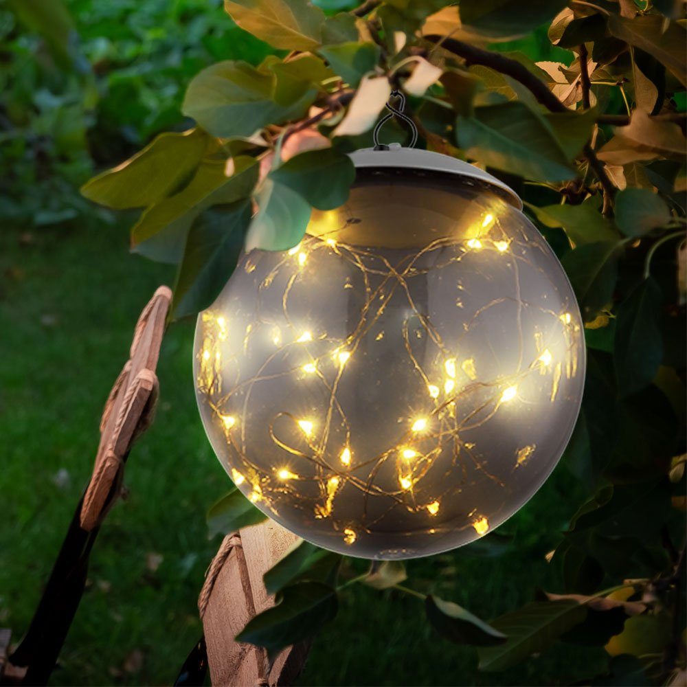 etc-shop LED Solarleuchte, LED-Leuchtmittel fest verbaut, Warmweiß, LED Solar Kugel Pendel Leuchte rauch Garten Außen Hänge Lampe