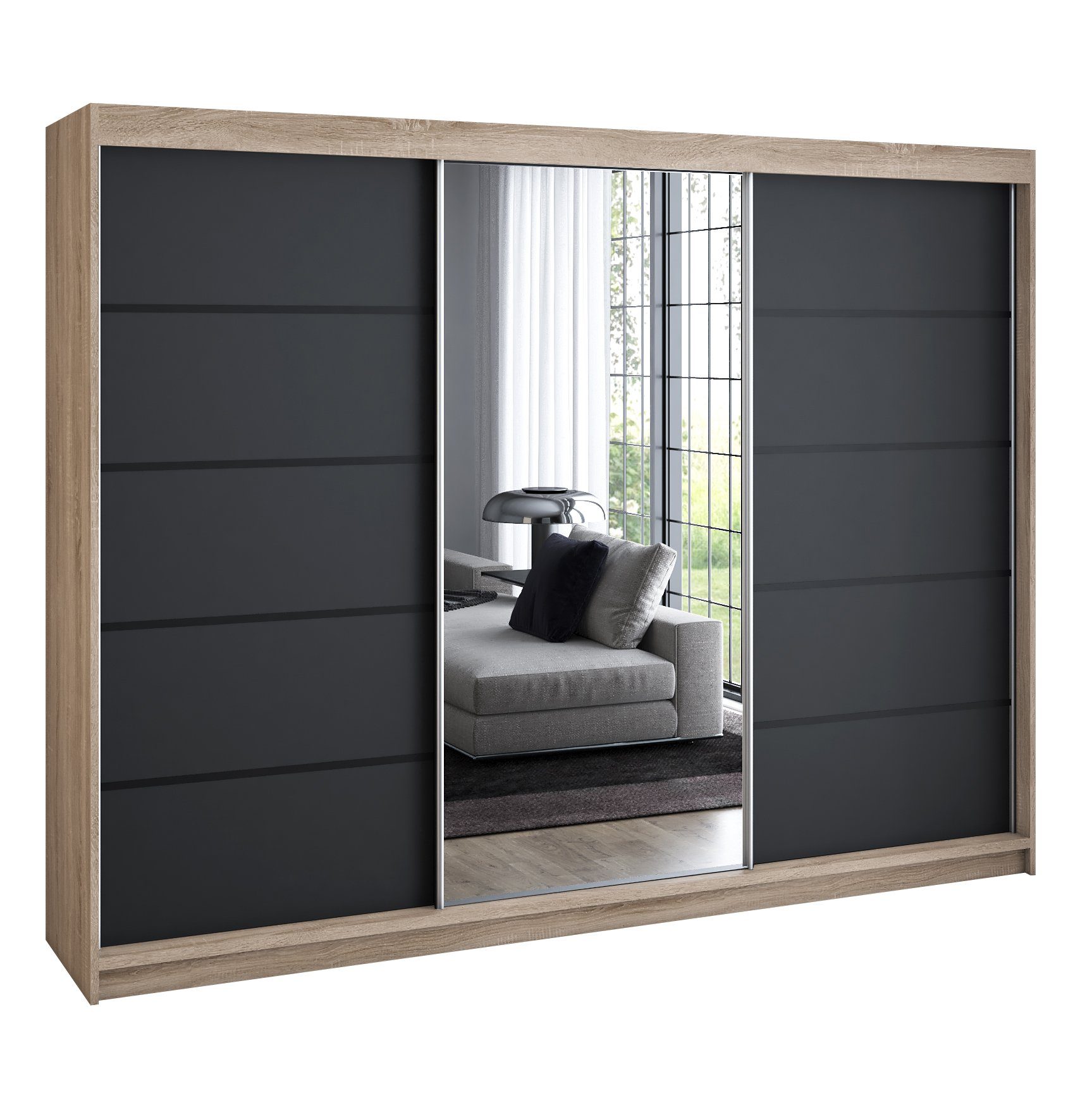 A&J MöbelLand GmbH Schwebetürenschrank VILANO mit 4 Schubladen und Spiegel (nur für kurze Zeit! TOP ANGEBOT! Geräumiger Schrank mit einer Breite von 200 cm und Spiegel, ideal zur Aufbewahrung von Kleidung und Accessoires. 4 Schubladen und viel Stauraum. TOP PRODUKT! Wählen Sie das ideale Modell für Ihr Schlafzimmer!, Inclusive 4 Schubladen) Breite: 200 cm, Höhe: 215 cm, Tiefe: 59,5 cm