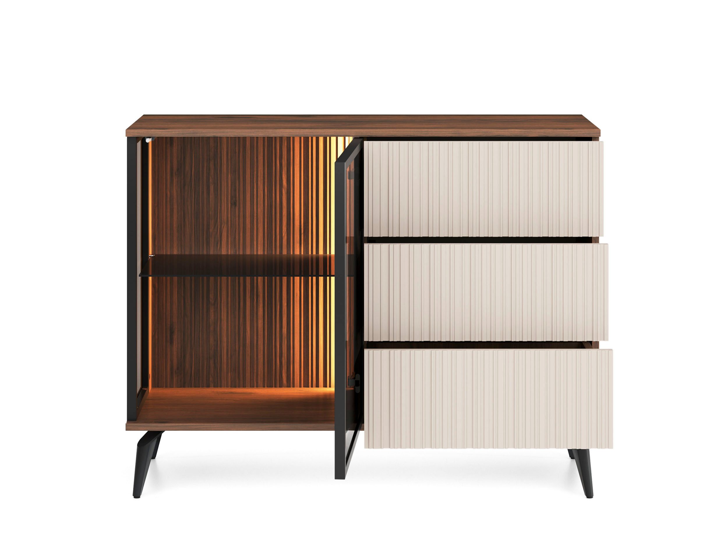 yourhouse24 Kommode Vici KSZ-103 mit Schubladen und LED-Beleuchtung Kaschmir/Walnuss