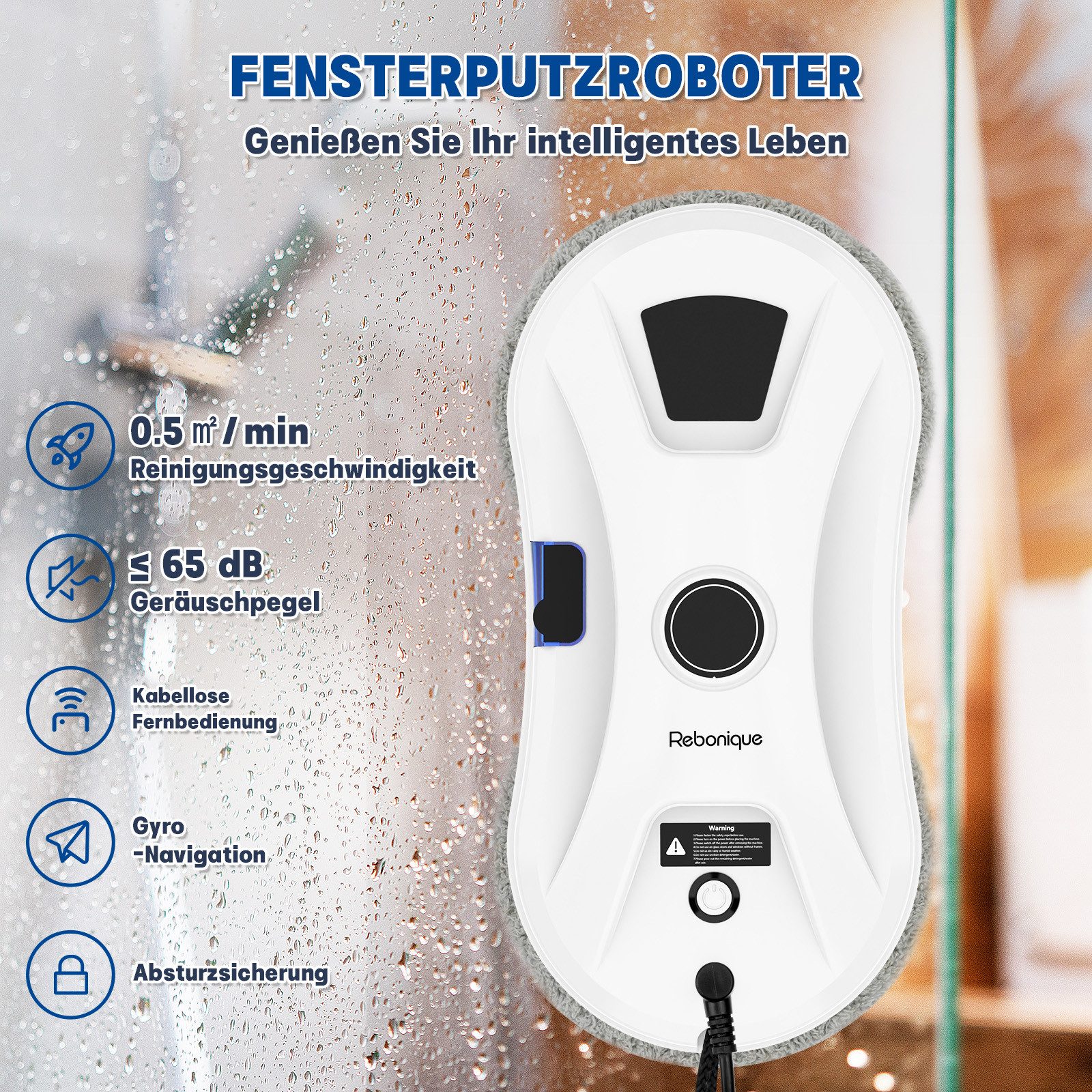 Rebonique Fensterputzroboter Elektrischer Fensterputzer 5600Pa Intelligenter Kanten-Erkennung, 3-Modi Automatische Wasserstrahl Fensterreiniger Roboter