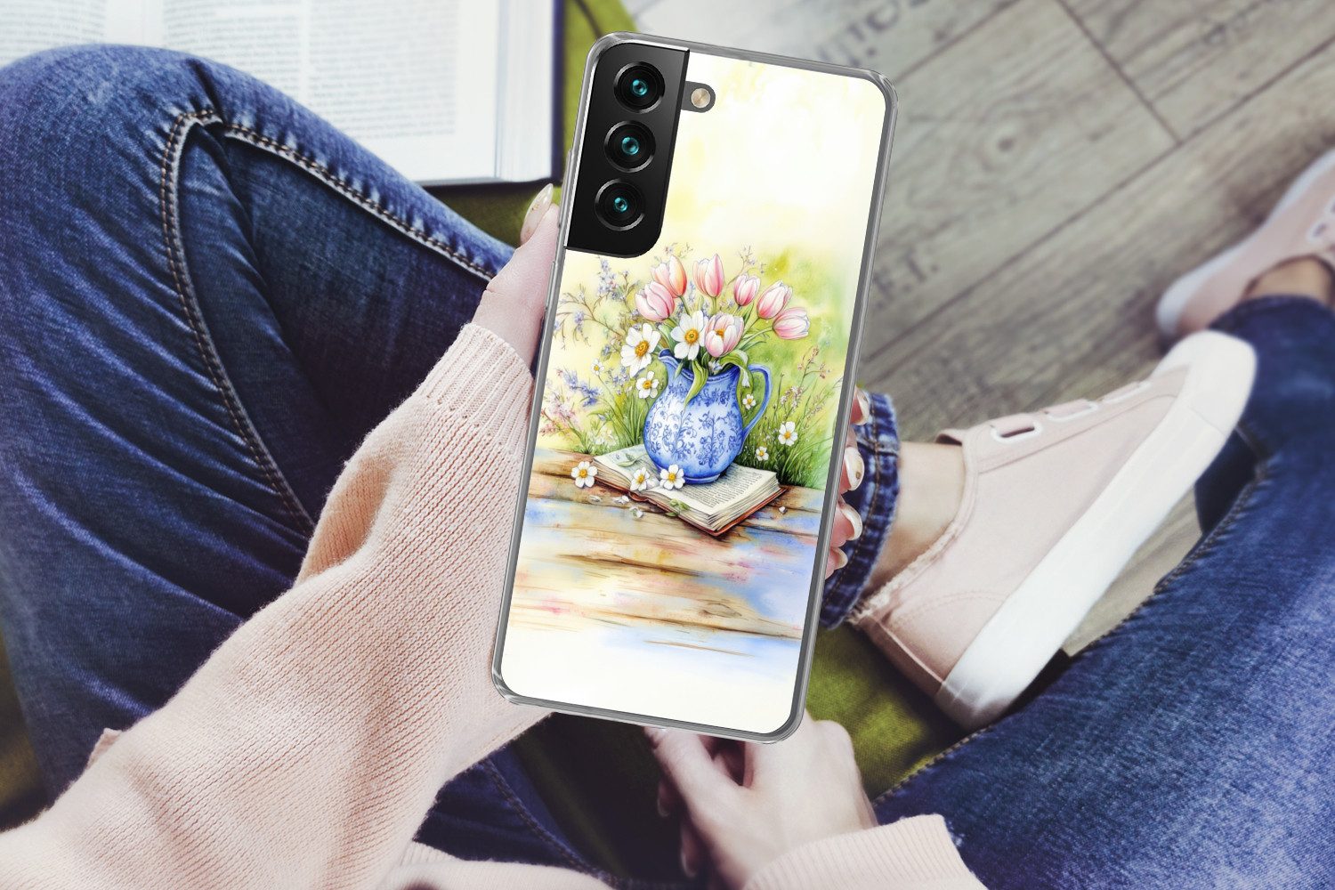MuchoWow Handyhülle für Samsung Galaxy S22 Plus Vase - Delfter Blau - Gänseblümchen, Phone Case, Silikon, Schutzhülle Dünn