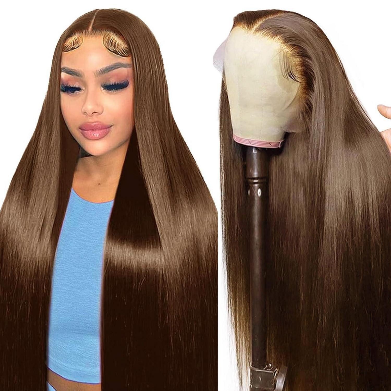 LuxusKollektion Echthaarperücke Echthaar Perücke Damen Straight 75 cm 13x4 Lace Front Brown Color