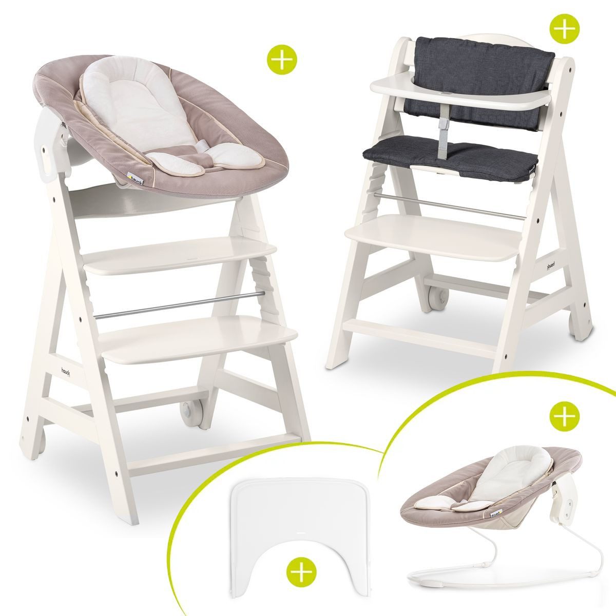 Hauck Hochstuhl Hauck Beta Plus Newborn Set - White, Holz Babystuhl ab Geburt mit Neugeborenenaufsatz, Sitzkissen, Essbrett