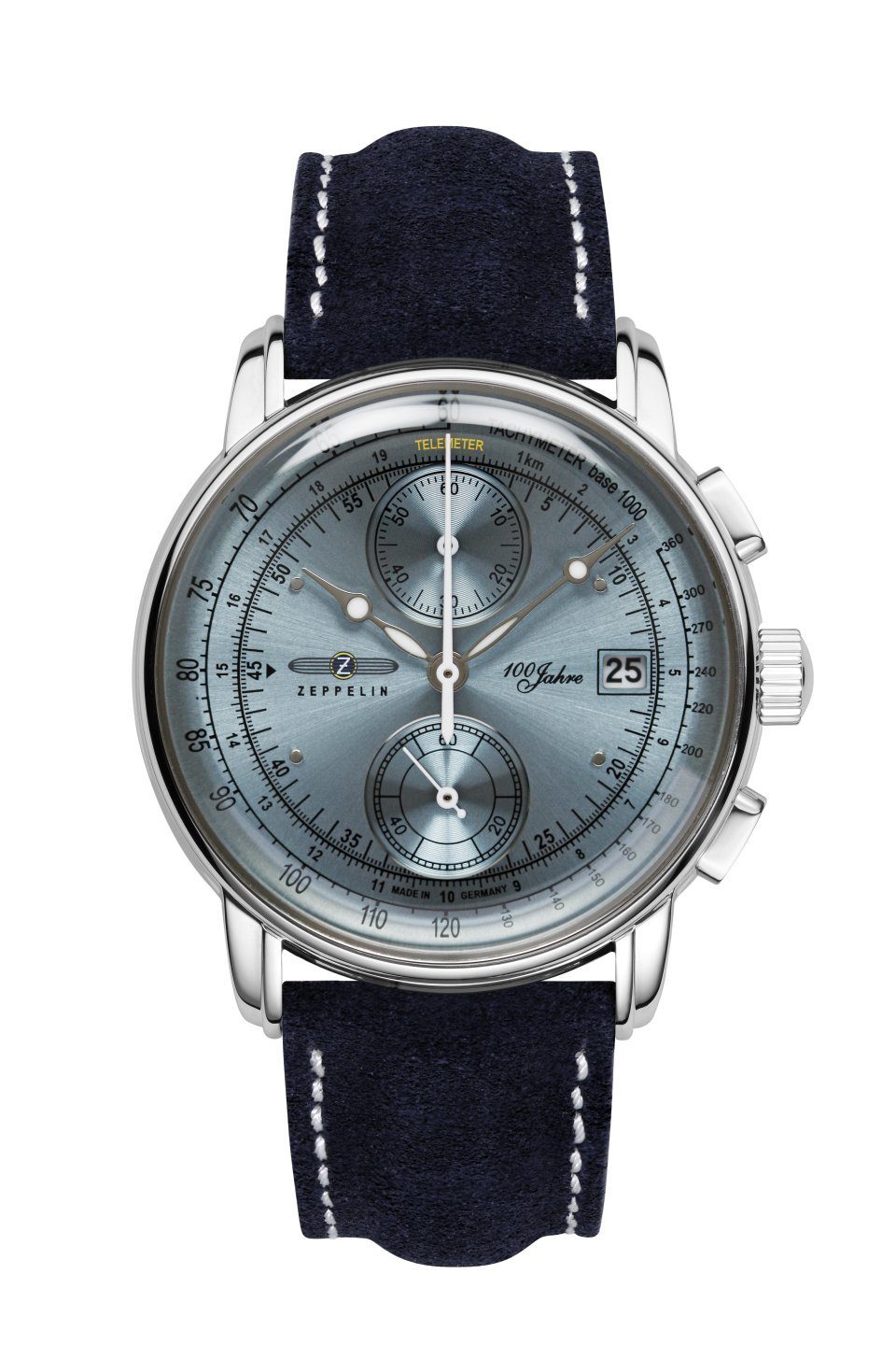 ZEPPELIN Fliegeruhr 100 Jahre ED.1 Chronograph Eisblau Lederband 42 mm 8670-4, Made in Germany
