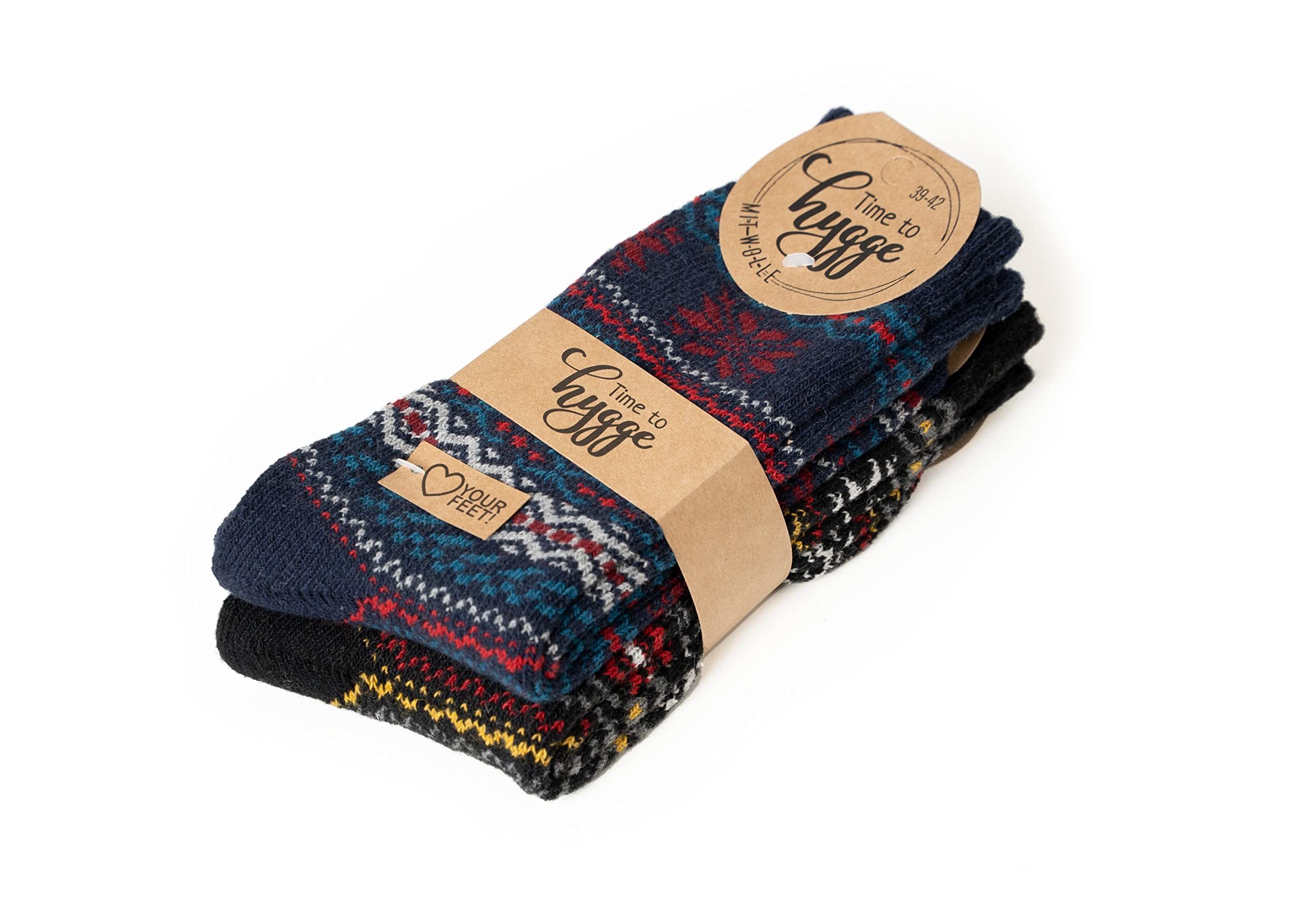 HomeOfSocks Socken 45% Wollsocken Hyggeliges Norweger Design 2er Pack Dicke Wollsocken Fröhlich Bunten Muster Druckarmer Zehennaht