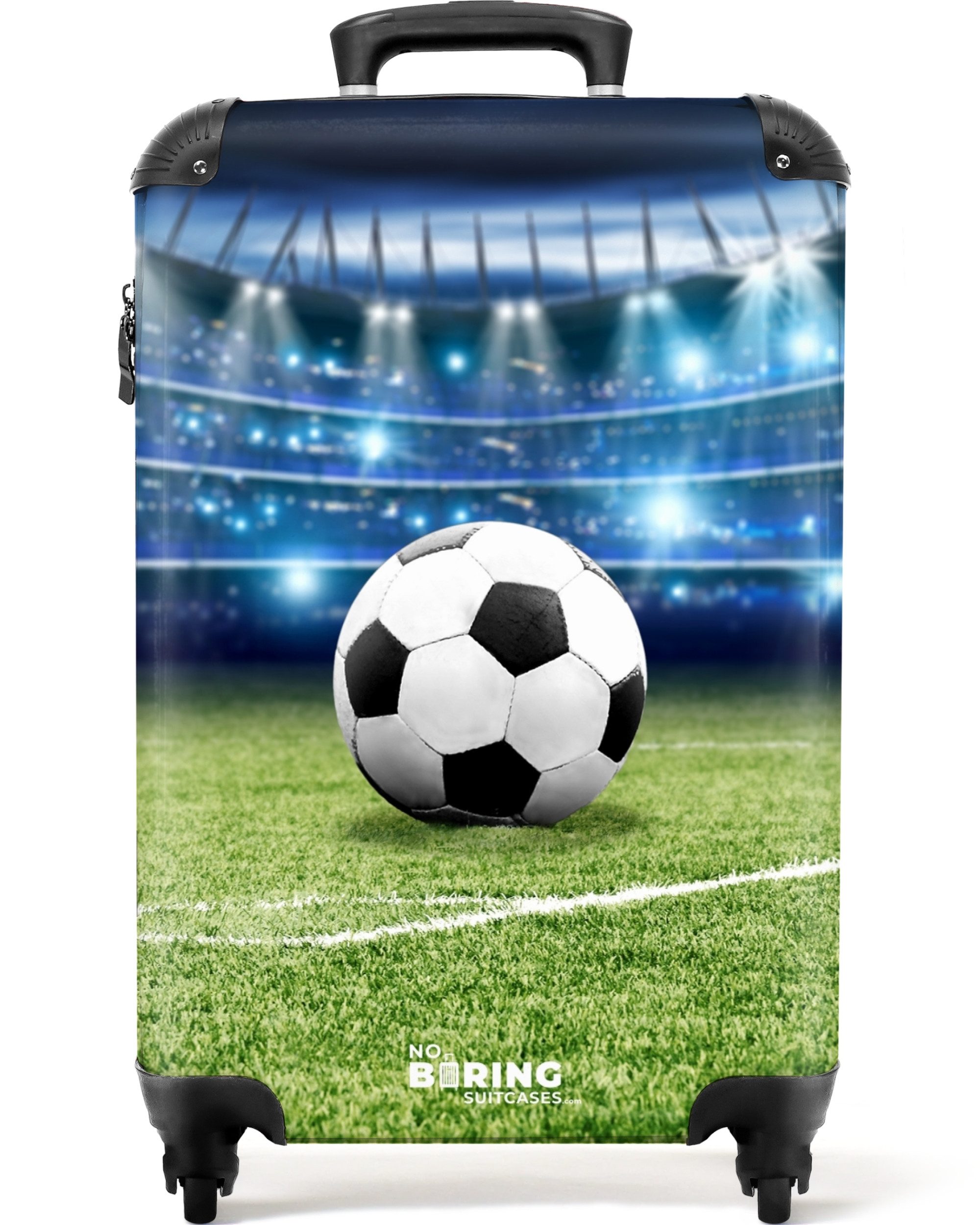 NoBoringSuitcases.com© Kinderkoffer Schwarzer und weißer Fußball in einem Stadion 55x35x20cm, 4 Rollen, Handgepäck Koffer, Hartschalenkoffer Kinder, Reisekoffer Jungen