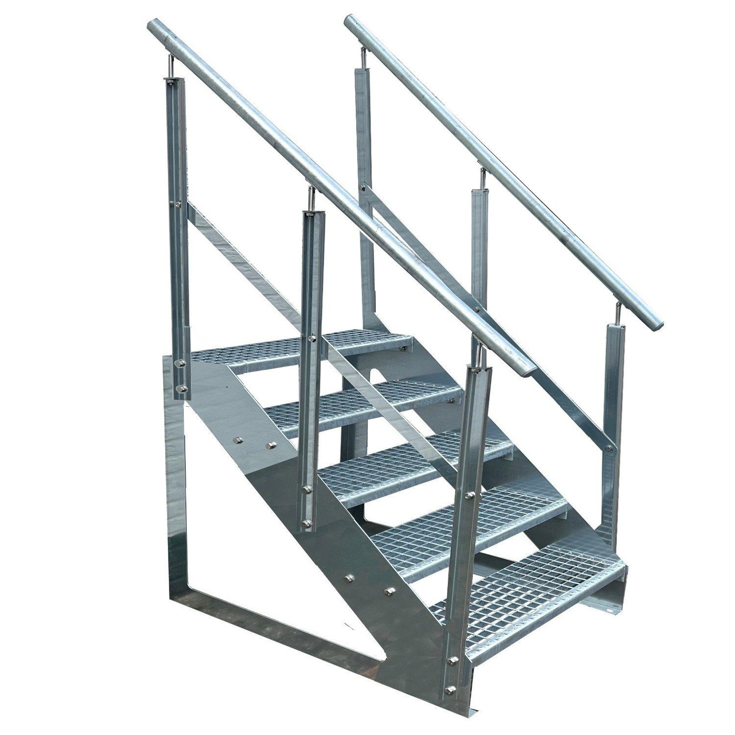 Kaminbau Mierzwa Außentreppe Premium Treppe Verzinkt mit oder ohne Geländer, für Geschosshöhen bis 95.00 cm, Stufen Gitterroststufen nach DIN 24531, (Höhe 95 cm, Stufenbreite und Geländerart wählbar), Gartentreppe Stahltreppe Wetterfest Rostfrei Feuer-Ver