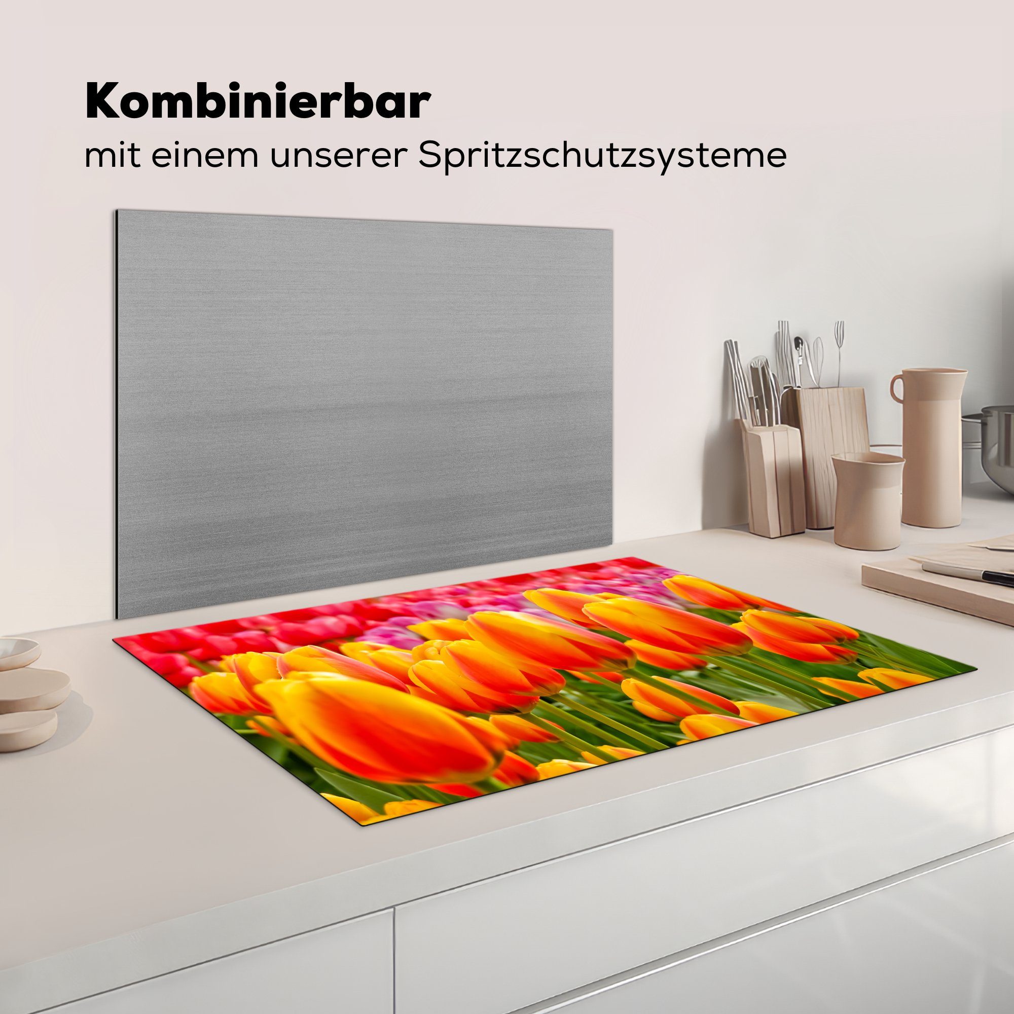 (1 81x52 Induktionskochfeld Orangene Vinyl, Herdblende-/Abdeckplatte Ceranfeldabdeckung Schutz Keukenhof tlg), Tulpen MuchoWow cm, in küche, dem den Niederlanden, auf die für