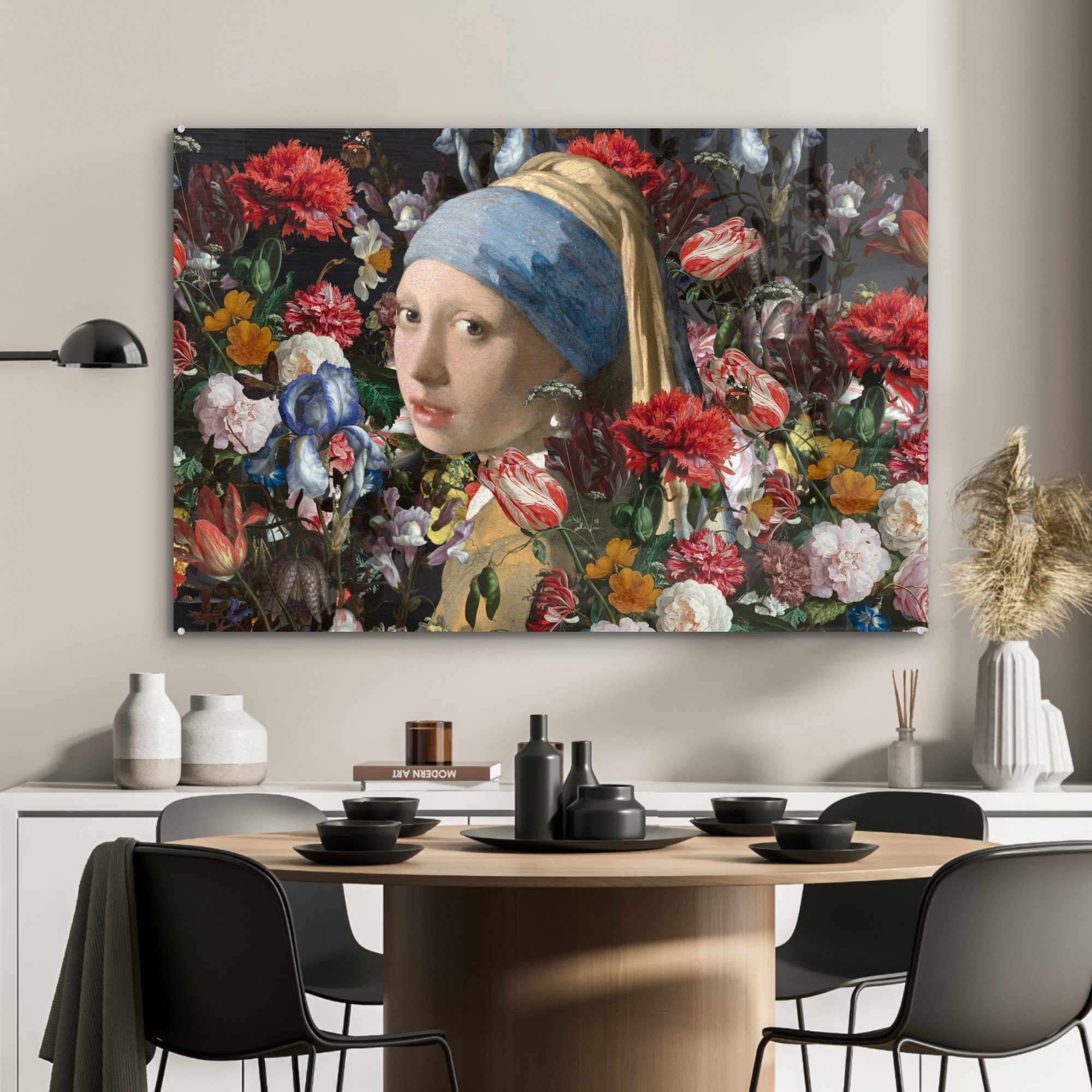 - bunt Schlafzimmer Das Acrylglasbild mit Vermeer Johannes Blumen, Mädchen dem & St), Perlenohrring Wohnzimmer - Acrylglasbilder (1 MuchoWow