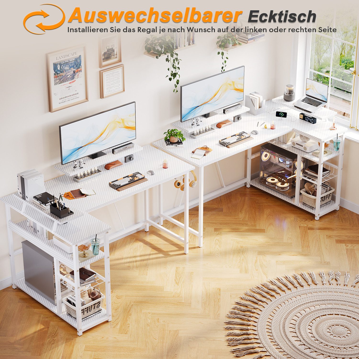 Furnicopia Eckschreibtisch L-förmiger Gaming-Schreibtisch mit Stauraum, Steckdosen und LED (120/140 cm großer Schreibtisch mit zwei Monitorhalterungen, zwei Abl – Bild 3 von 5