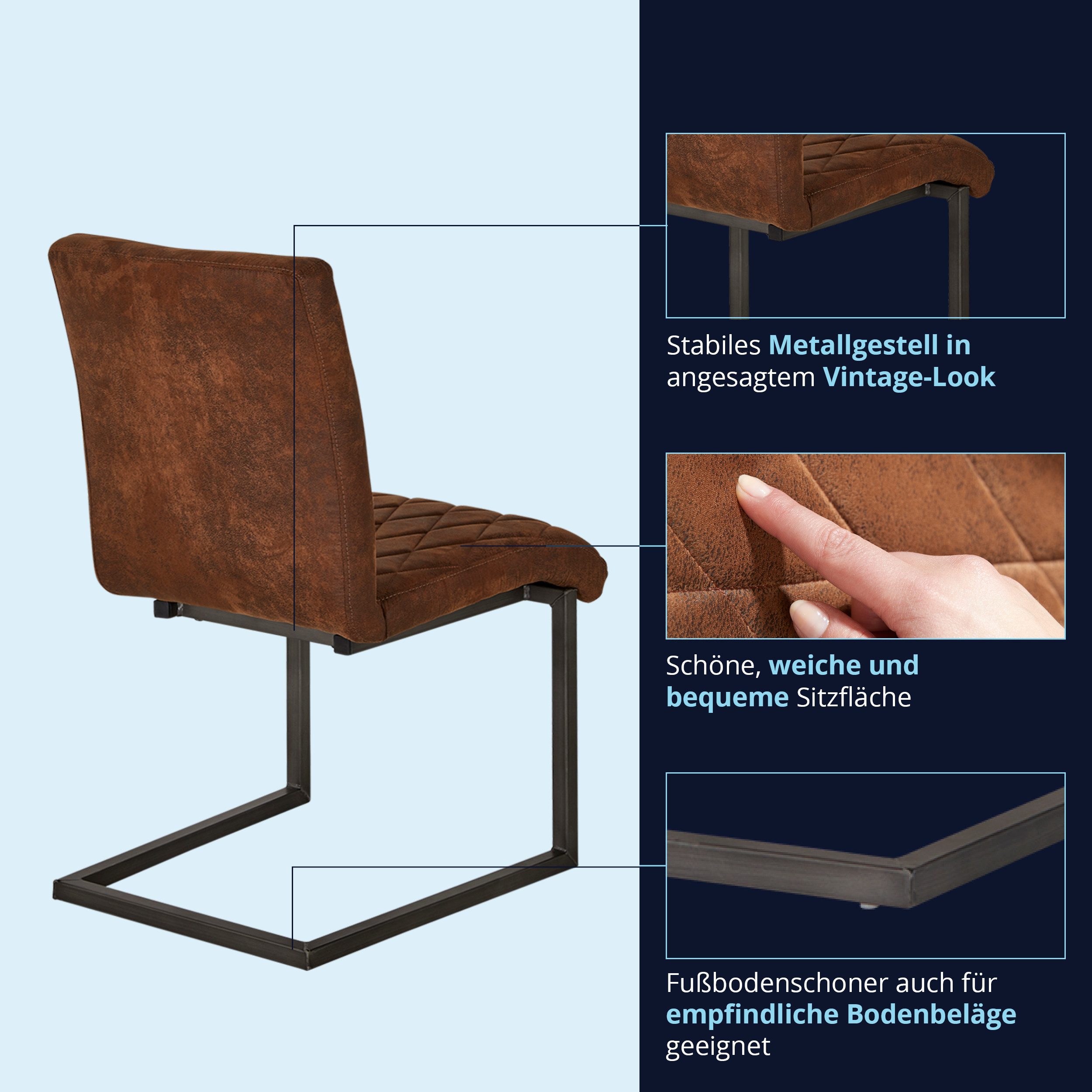 KHG Freischwinger Esszimmerstuhl Mikrofaser Braun, bis 110 kg belastbar, Vintage Stil, gepolstert, Nosag-Wellenfederung, Metallgestell Schwarz – Bild 5 von 5
