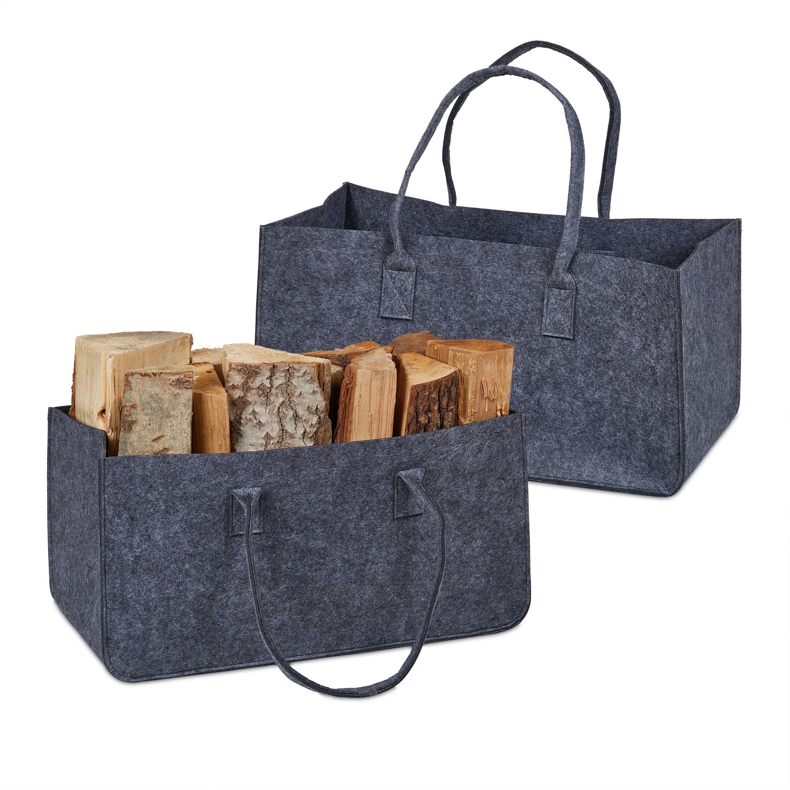 relaxdays Holztragetasche 2er Set Kaminholztasche Filz aus