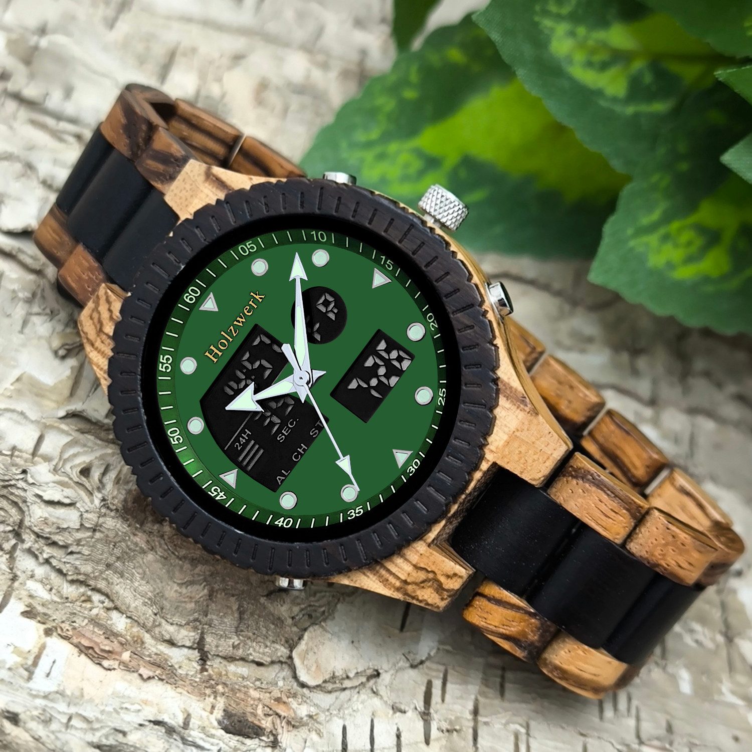 Holzwerk Digitaluhr FILDERSTADT Holz Armband Uhr mit Datum, grün, schwarz FILDERSTADT