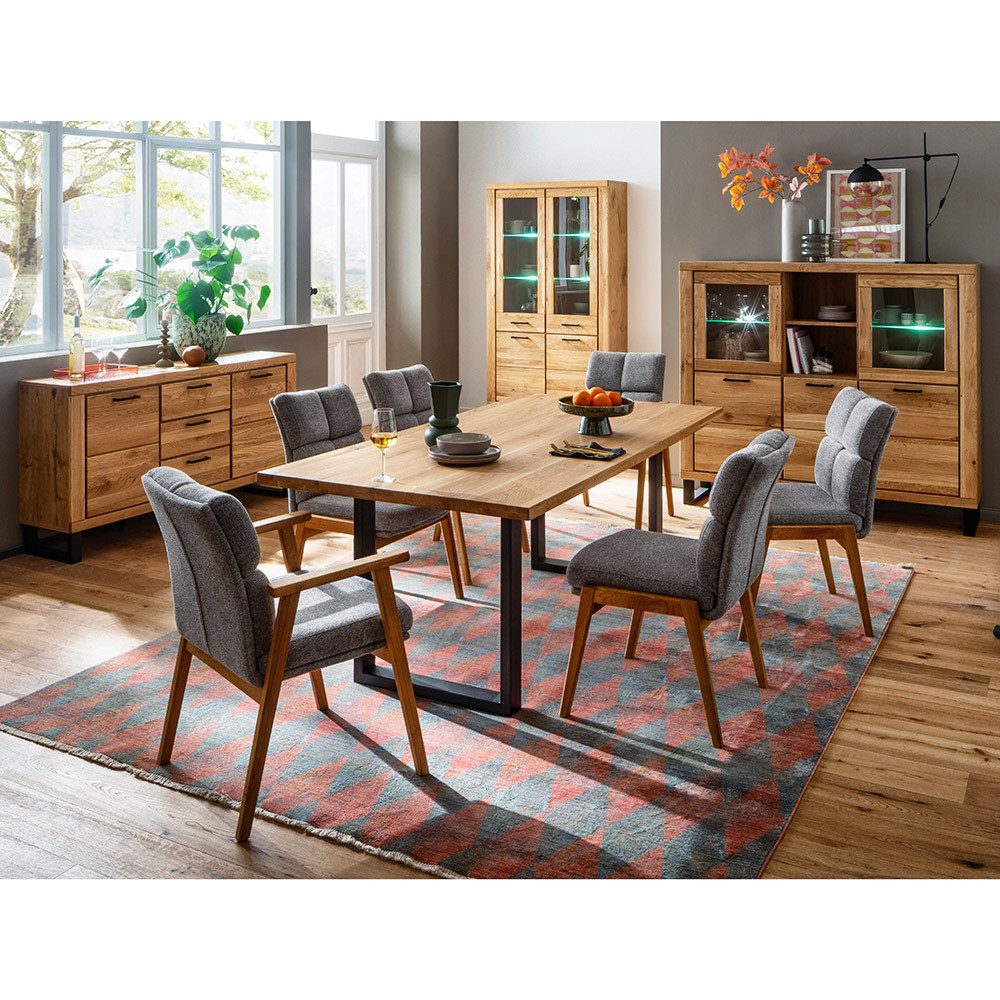 Lomadox Esszimmer-Set KUMASI-06, (Spar-Set, 4-St., Sideboard Vitrine Highboard Esstisch), mit Esstisch 180x100cm, Eiche teilmassiv, inkl. LED-Beleuchtung