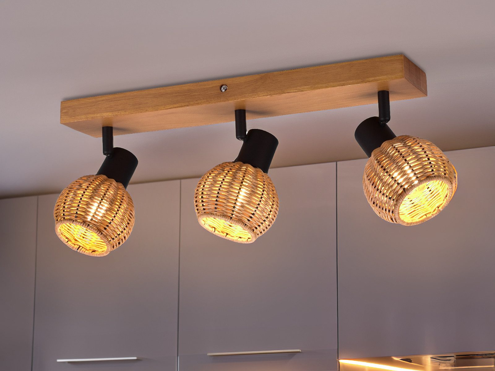 meineWunschleuchte Deckenstrahler, ohne Leuchtmittel, innen Deckenleuchte mit Holz, Lampenschirm-e aus Korb-geflecht B: 50cm