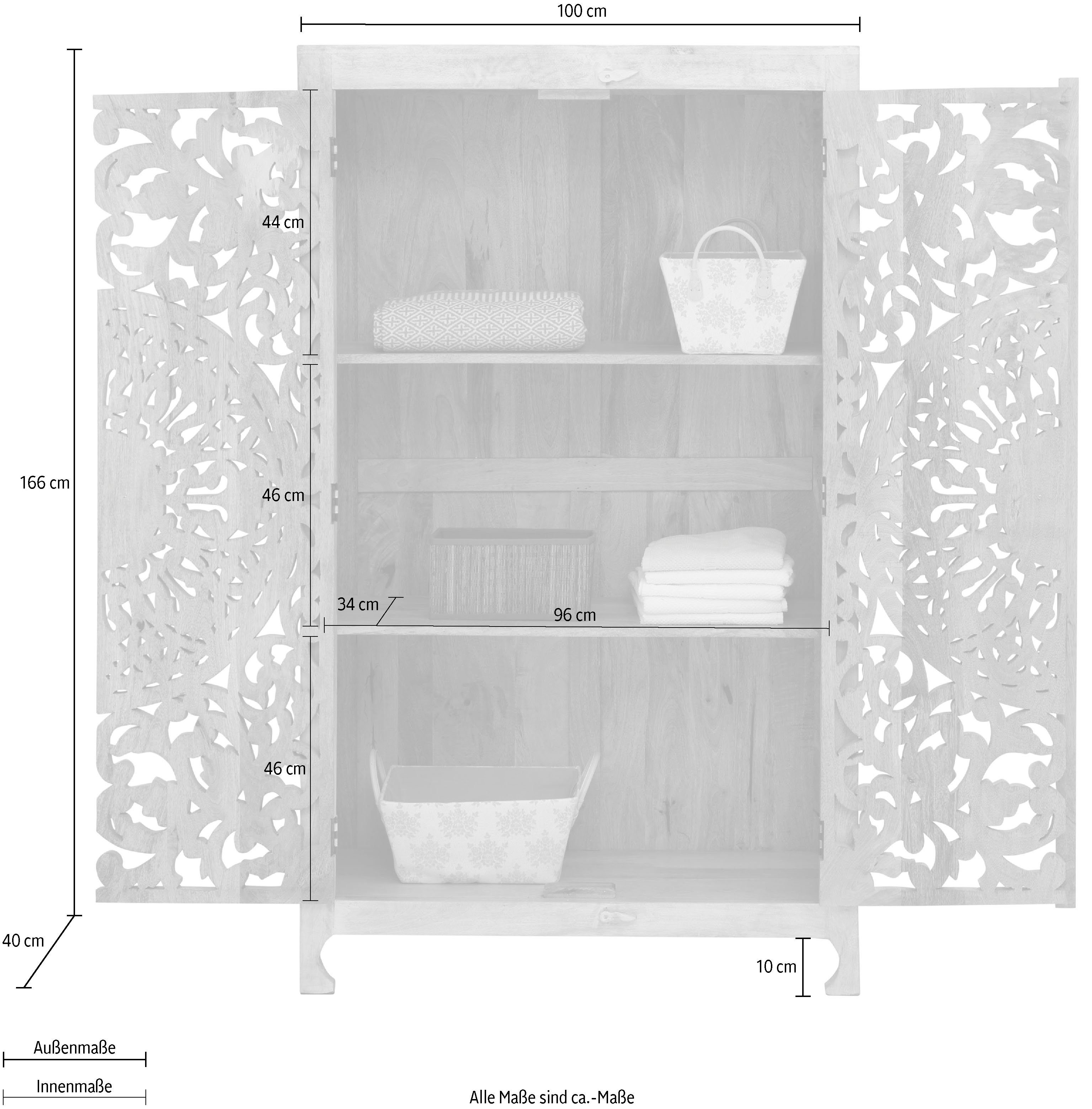 OTTO home Stauraumschrank Kenmare Highboard, 2 Türen mit dekorativen Schnitzereien und 3 Fächer aus massiven Mangoholz, mit dekorative Schnitzereien, Handgefert – Bild 5 von 5