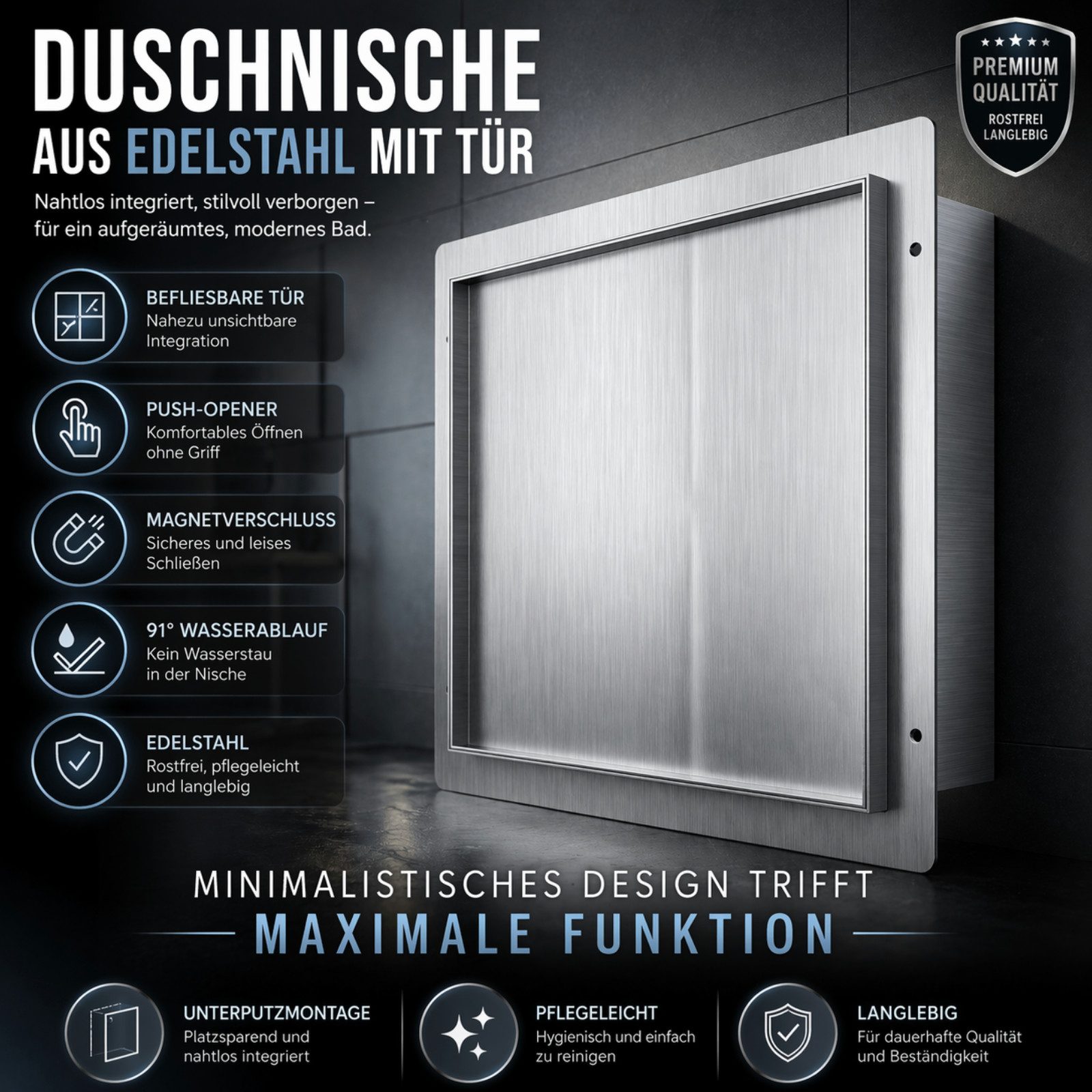 HAGO Duschwand Edelstahl Wandnische befliesbare Tür Duschnische Ablage Regal randlos, Edelstahl, (1 tlg), Push-2-Open, Randlos