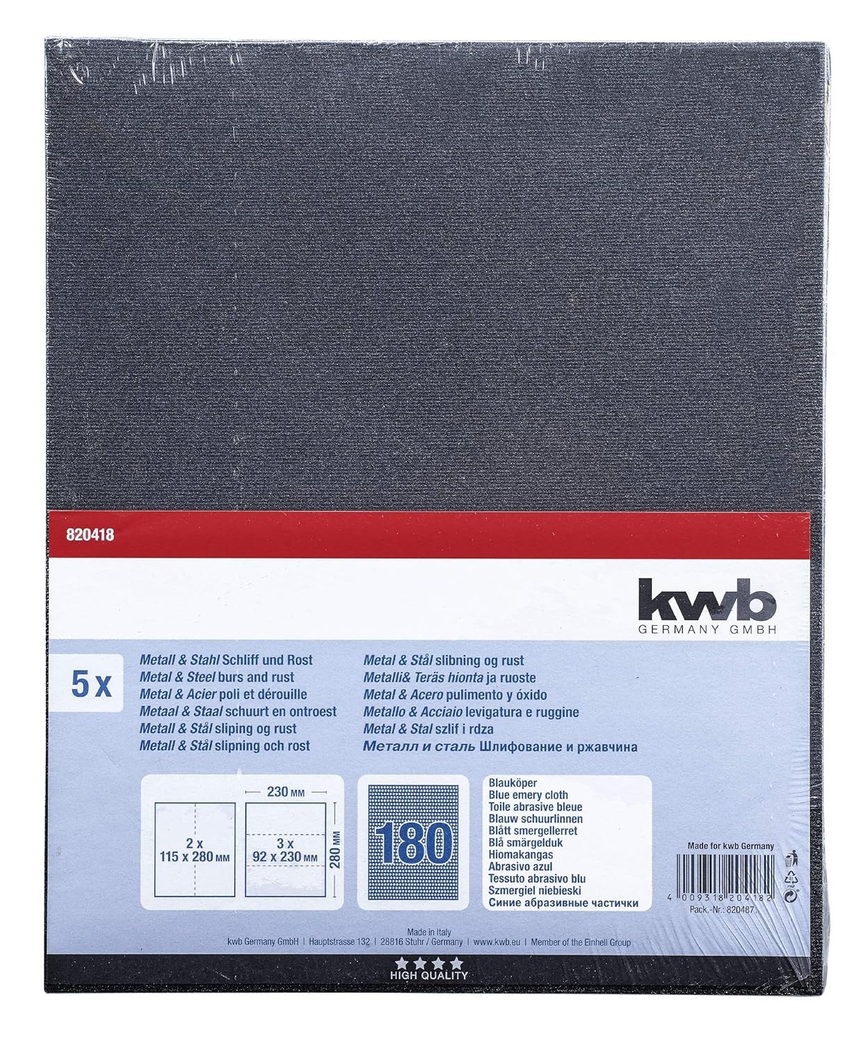 kwb Schleifpapier 5 Schleifbogen Blauköper K180, Blauköper-Schleifpapierbogen 230x280 mm aus Korund mit Körnung 180
