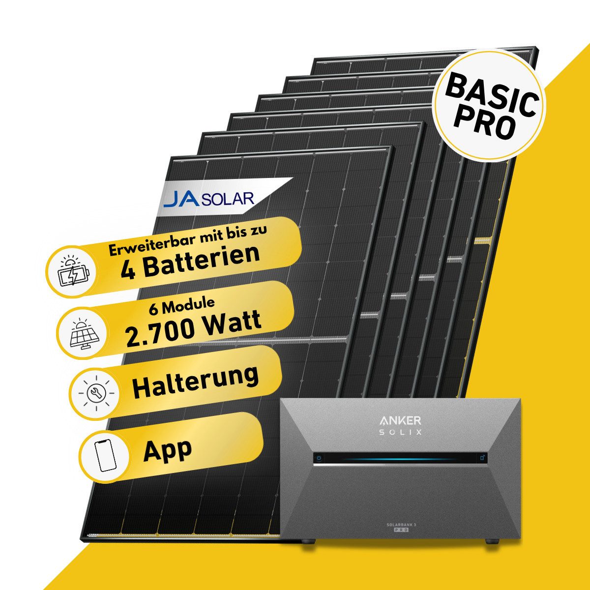 Balkonstrom Balkonkraftwerk BASIC Pro 2700 Watt Solaranlage mit Speicher Komplettset Bifazial, 2700 W, Monokristallin, (6x JA Solarmodul á 450 Watt, 1x Anker Solix 3 Pro Solarspeicher E2700, 1-4 Zusatzspeicher BP2700), Halterung für Dach, Fassade, Balkon & Garten, App & Plug&Play DE