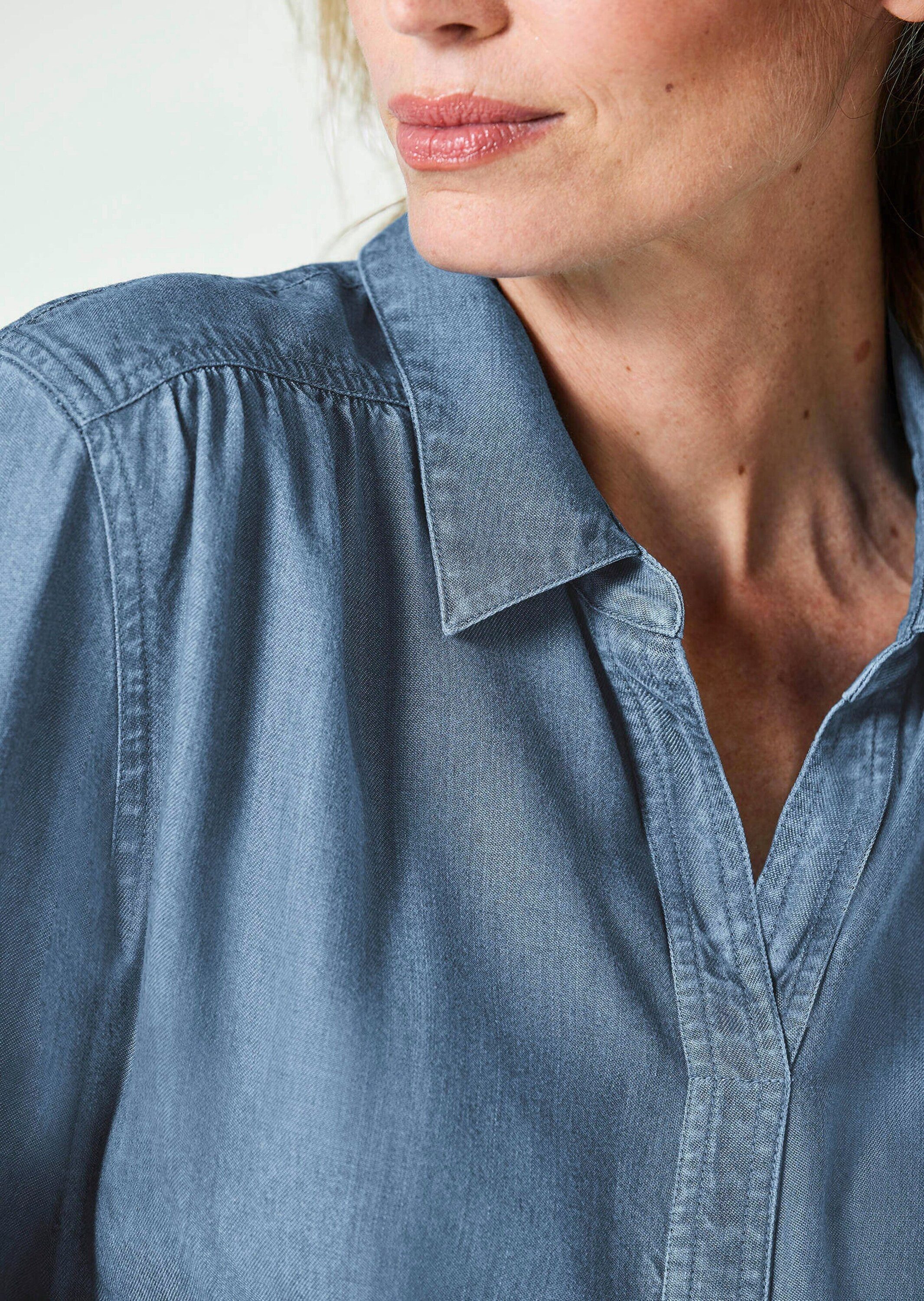GOLDNER Klassische Bluse Denimbluse mit offenem Hemdkragen Hemdbluse mit Kräuselungen, Kellerfalten und Langarm