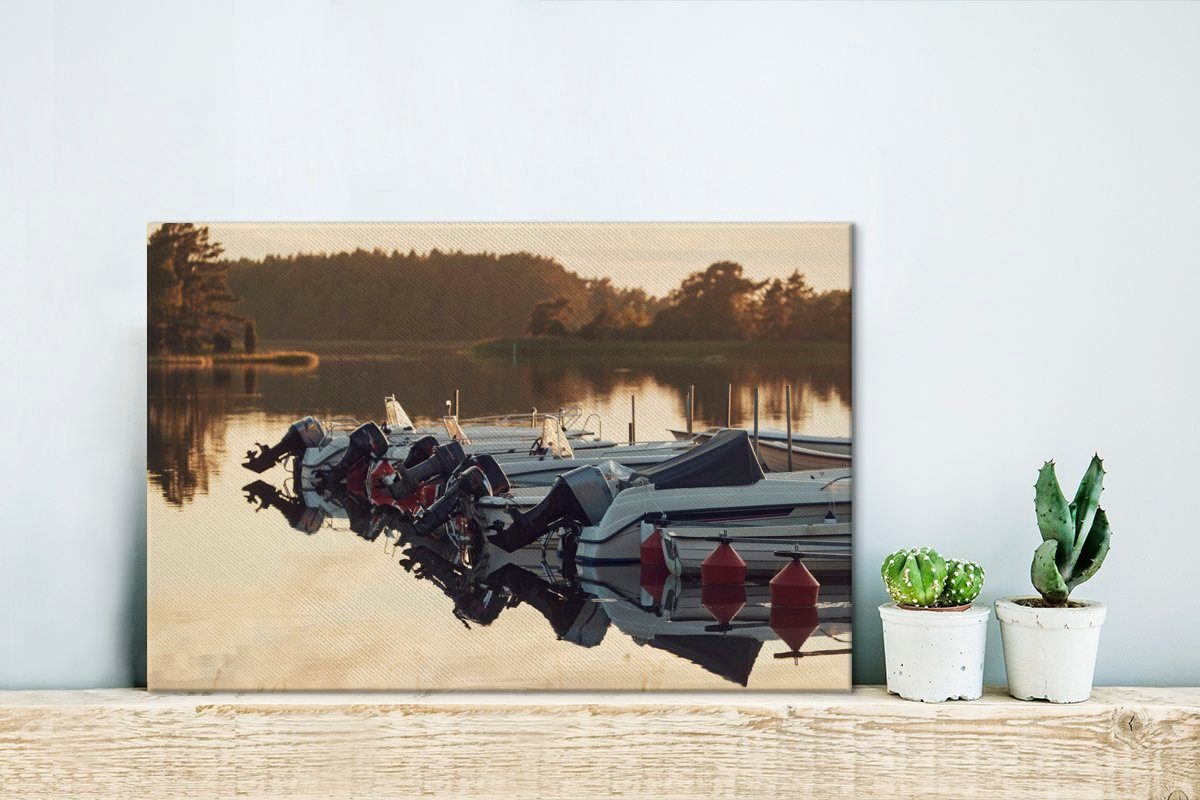OneMillionCanvasses® Leinwandbild Auf einem Wanddeko, Leinwandbilder, St), 30x20 vertäute Motorboote, (1 cm See Aufhängefertig, Wandbild