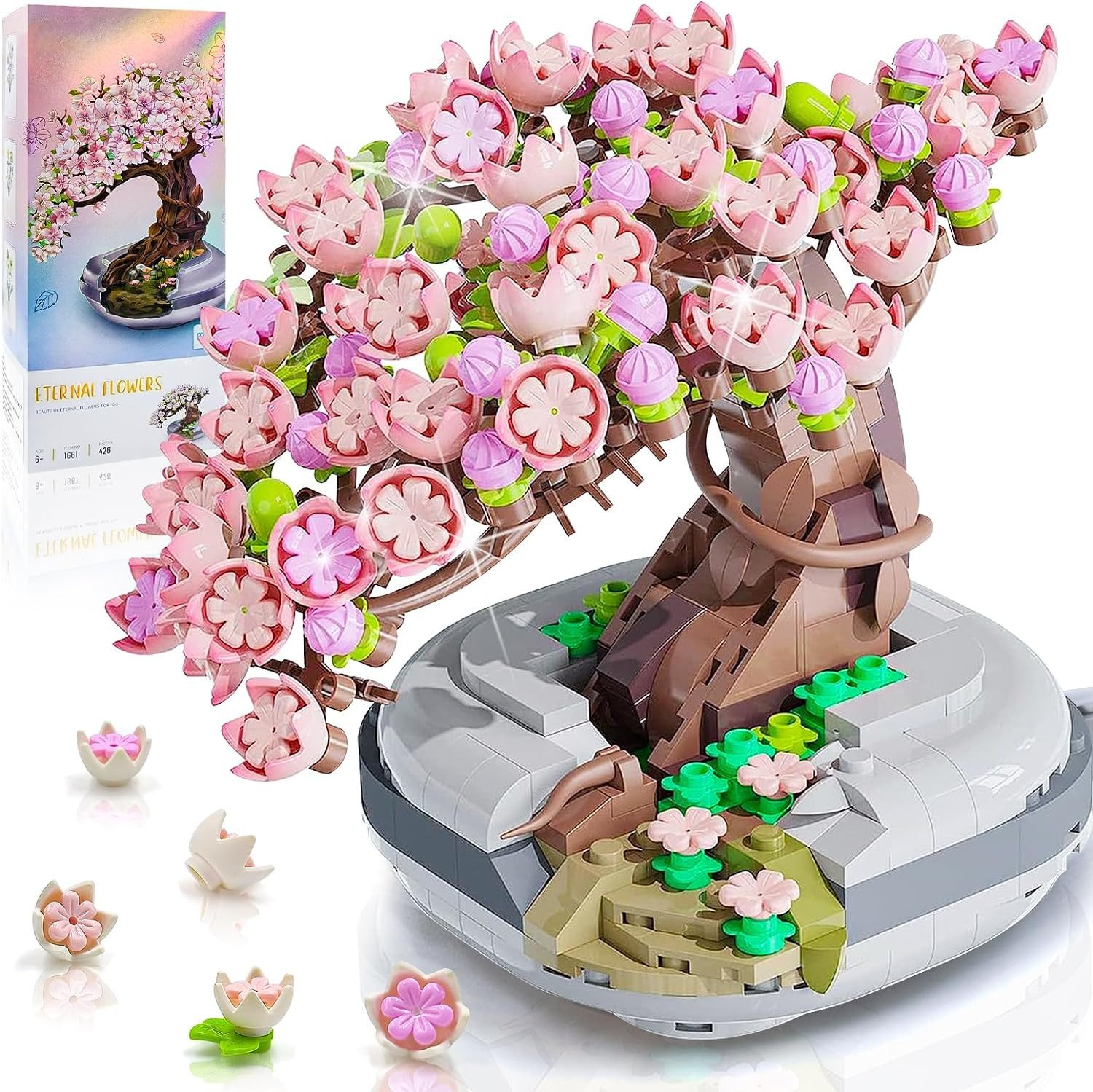 Kunstbonsai Mini-Kirschblüten-Bonsai-Baum-Baustein-Set, Kirschblüten-Pflanzen-Set, leben, Höhe 10 cm, Geeignet für Erwachsene und Jugendliche, nicht kompatibel mit LEGO