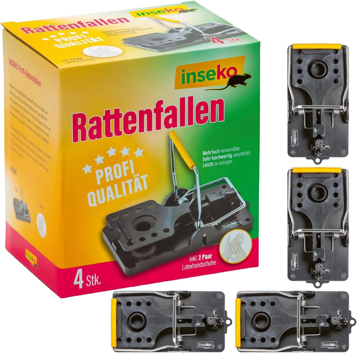 Inseko Schlagfalle 4 x inseko Profi-Rattenfallen I sehr hochwertig I wiederverwendbar, inklusive Handschuhe
