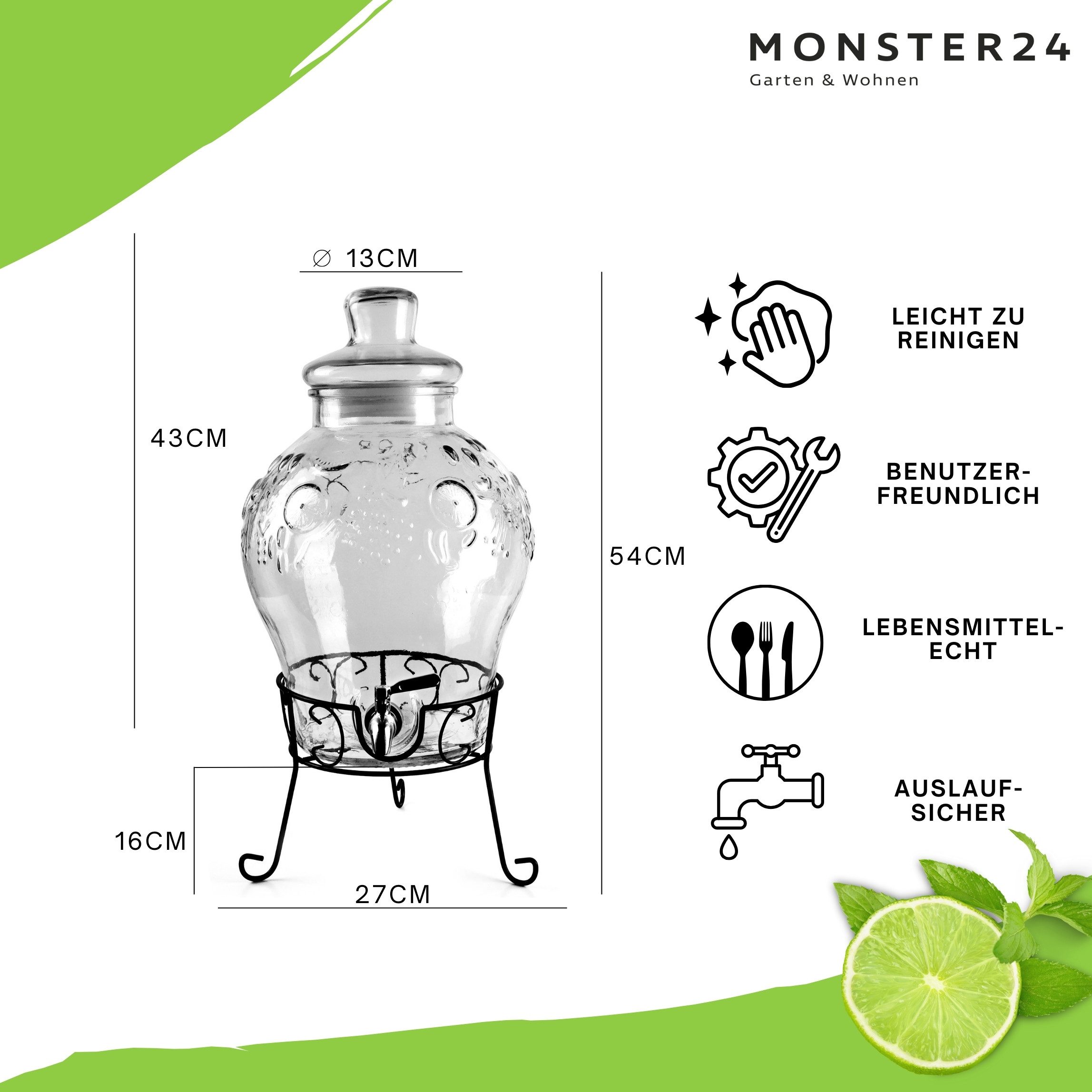 Monster24 Getränkespender 10 Liter Wasserspender Saftspender mit Zapfhahn und Metallständer