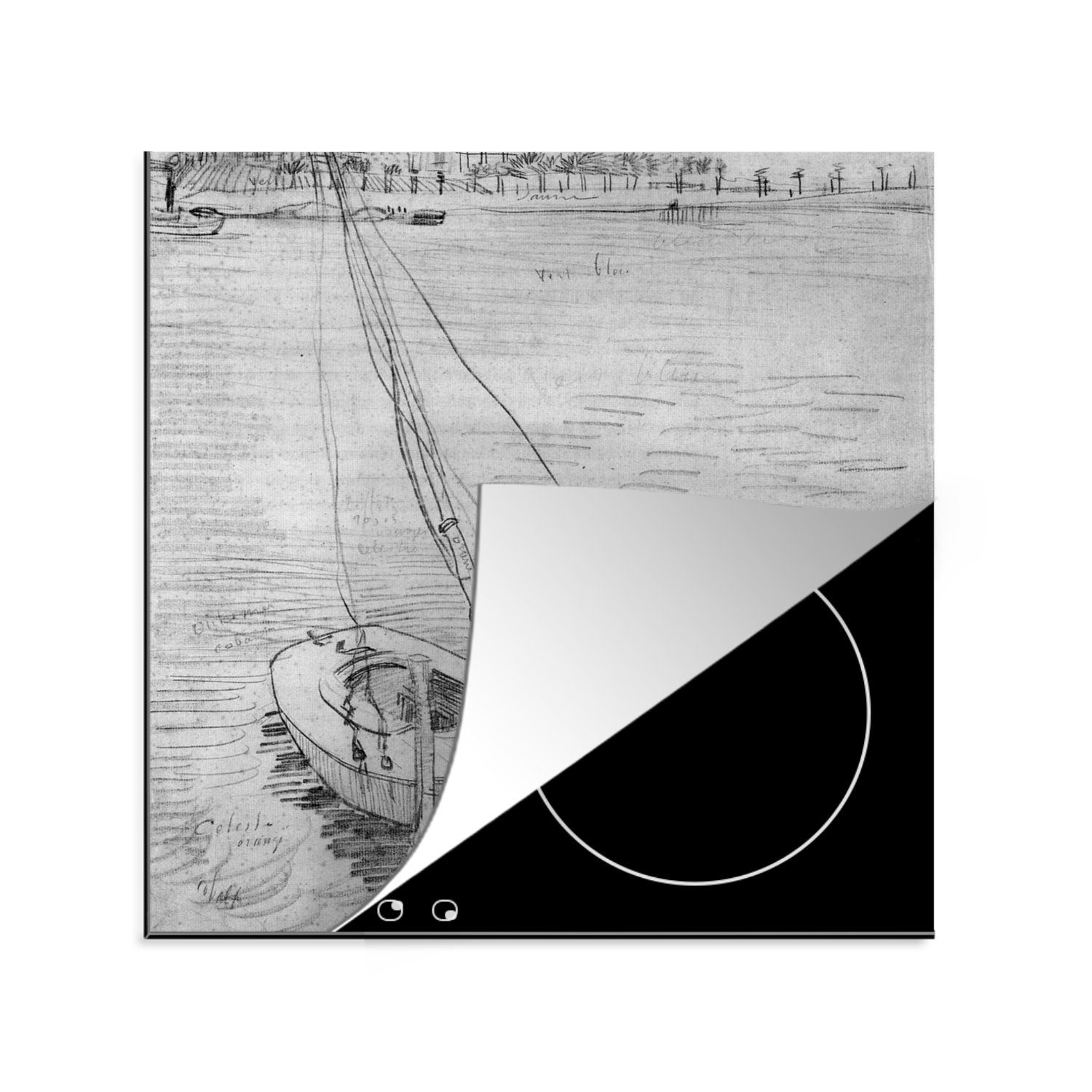 MuchoWow Herdblende-/Abdeckplatte Segelboot auf der Seine bei Asnières - Vincent van Gogh - Schwarz und, Vinyl, (1 tlg), 78x78 cm, Ceranfeldabdeckung, Arbeitsplatte für küche