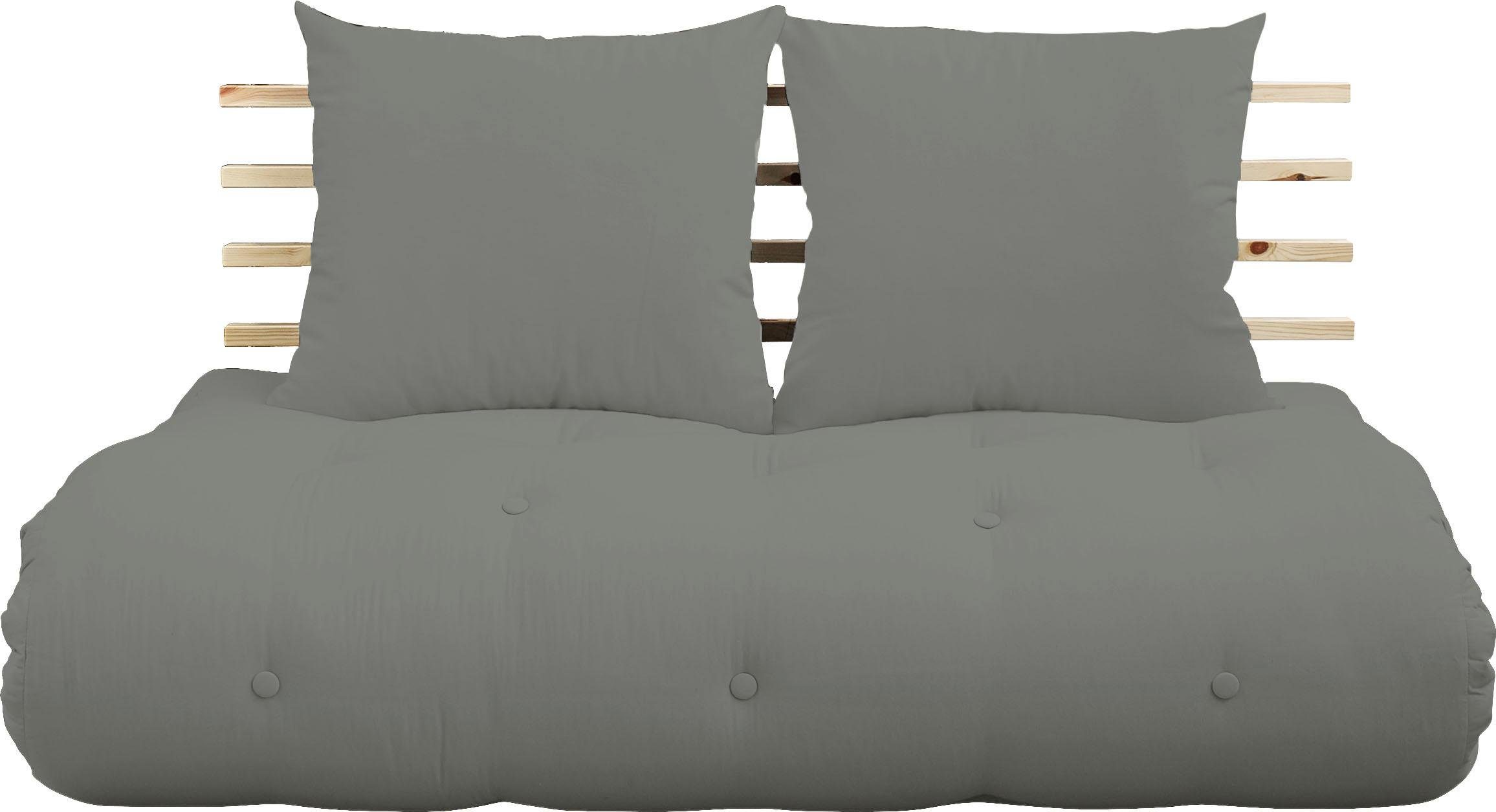 Karup Design Schlafsofa Shinsano, futonstil, Rückenrahmen und zweiteiligem Kissenset, aus massivem Kiefernholz, faltbarer Matratze, multifunktional, Scandi