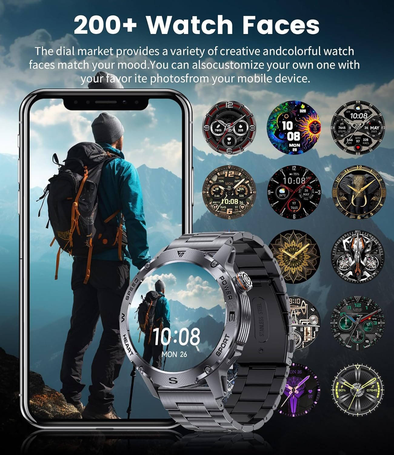 Lige Herren"s Telefonfunktion; AMOLED Display Gesundheitsüberwachung IP68 Smartwatch (1,43 Zoll, Android/iOS), Bluetooth Anrufe Edelstahlgehäuse Schlafanalyse Sportmodi Vielfalt