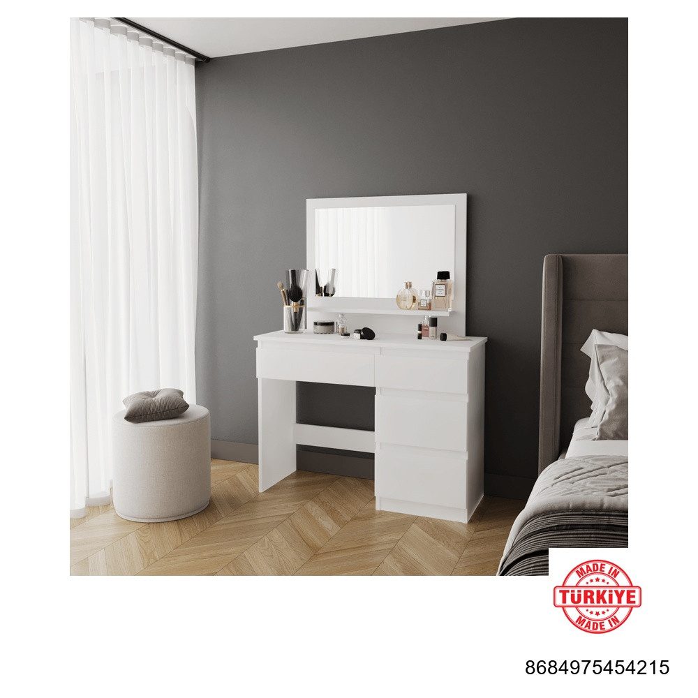 BDR Smart Home Art Schminkschrank Duru Schminktisch mit Spiegel-Schubladen Elegant Weiß Holzdekor