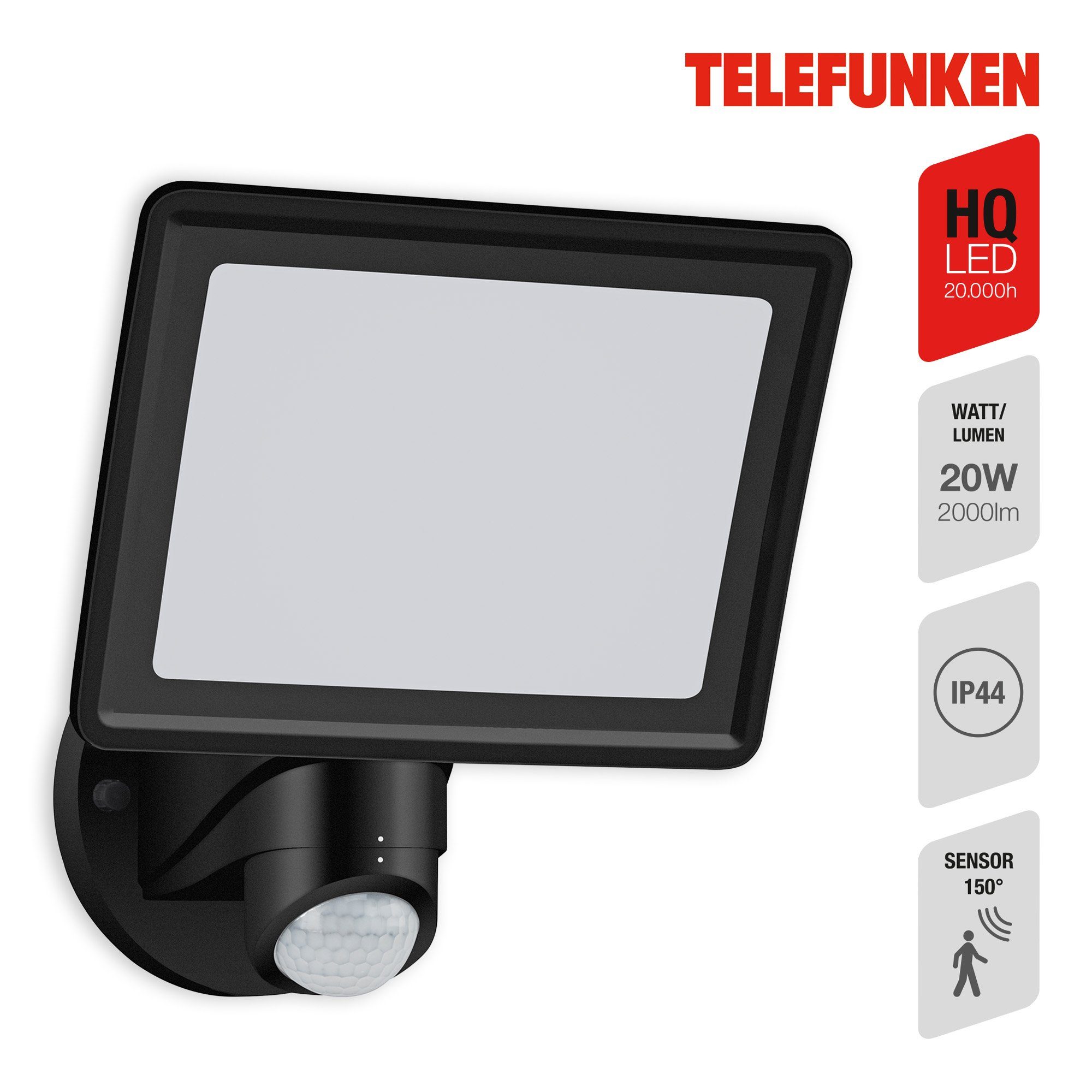 Telefunken LED Außen-Wandleuchte 304405TF, LED fest verbaut, Neutralweiß, Außenleuchte  IP44 Bewegungssensor 2000lm 4000K 20W