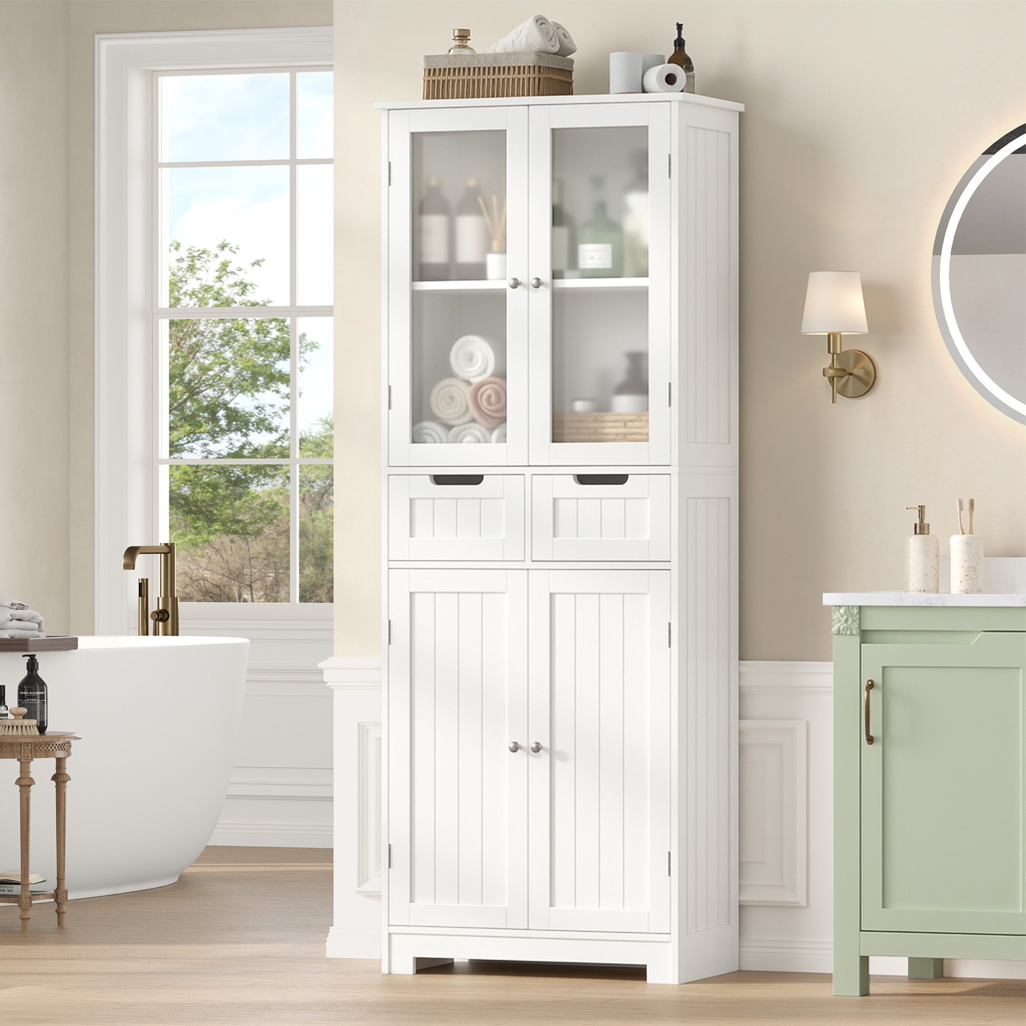 HOMECHO Hochschrank Badschrank mit 4 Türen 2 Schubladen für Küche, Bad, Weiß