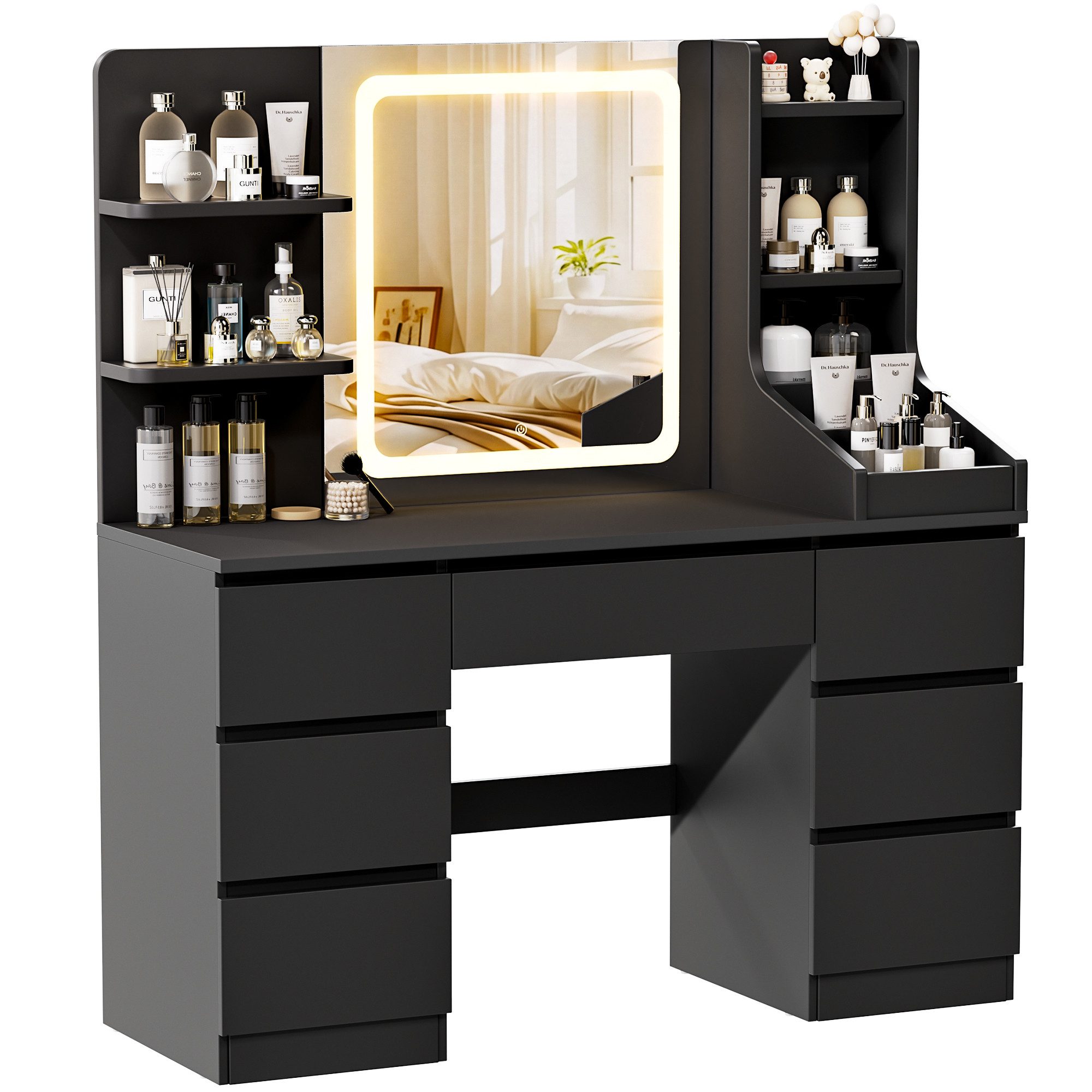 HOMALL Schminktisch LED-Spiegel, 7 Schubladen, 110 cm breit, Aufbewahrungshocker optional (Schminktisch mit dimmbarem LED-Spiegel (3 Farben), 7 Schubladen + 8 Fächer, 110×40×139 cm – 5 Farben (Schwarz/Rosa/Vintage/Weiß/Weiß Hochglanz), Hocker opt., E1-Platte), 110*40*139CM B/H/T