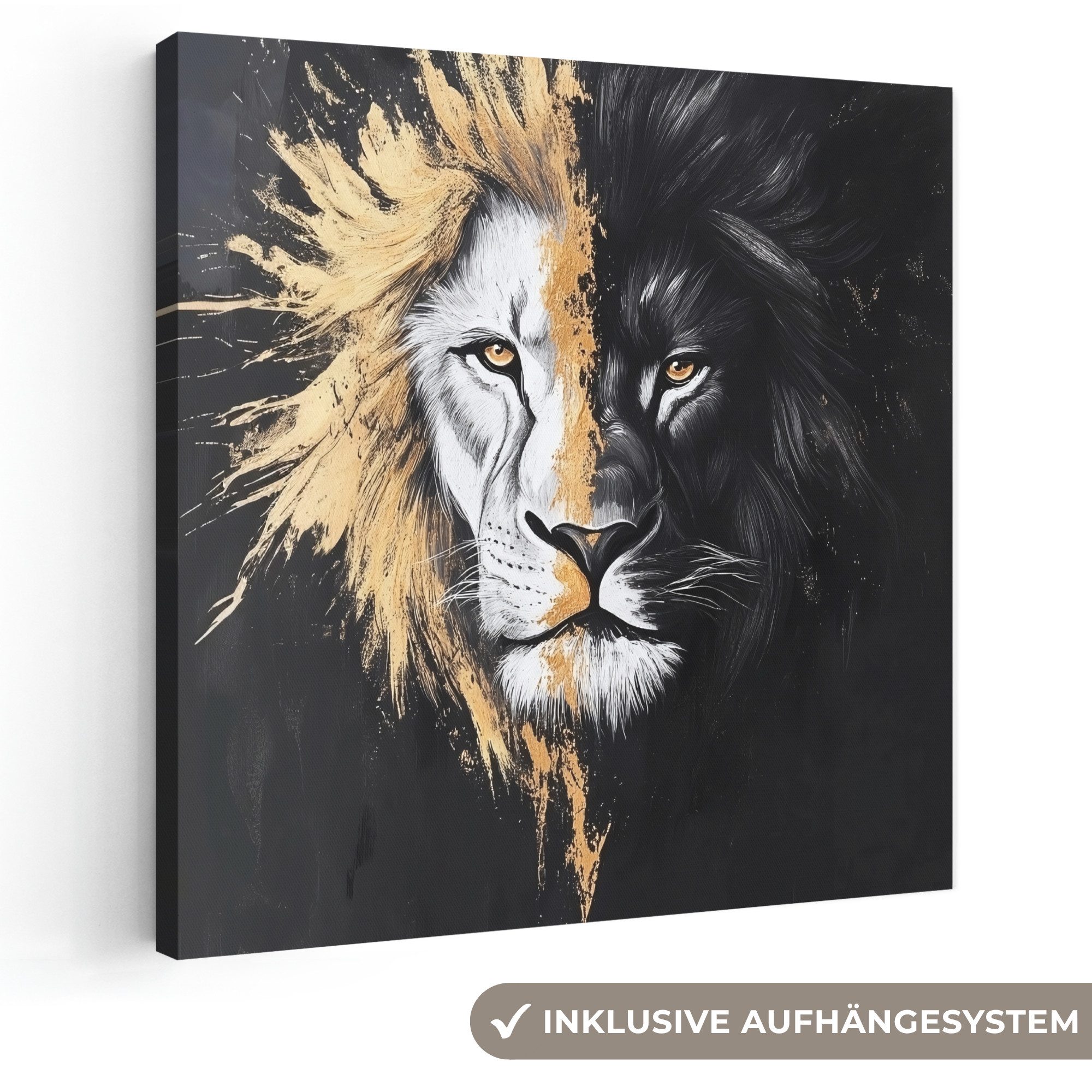 OneMillionCanvasses® Leinwandbild Löwe - Split - Schwarz - Linie, Fotodruck (1 St), Wandbild, Deko Schlafzimmer Wohnzimmer Flur 20x20 cm