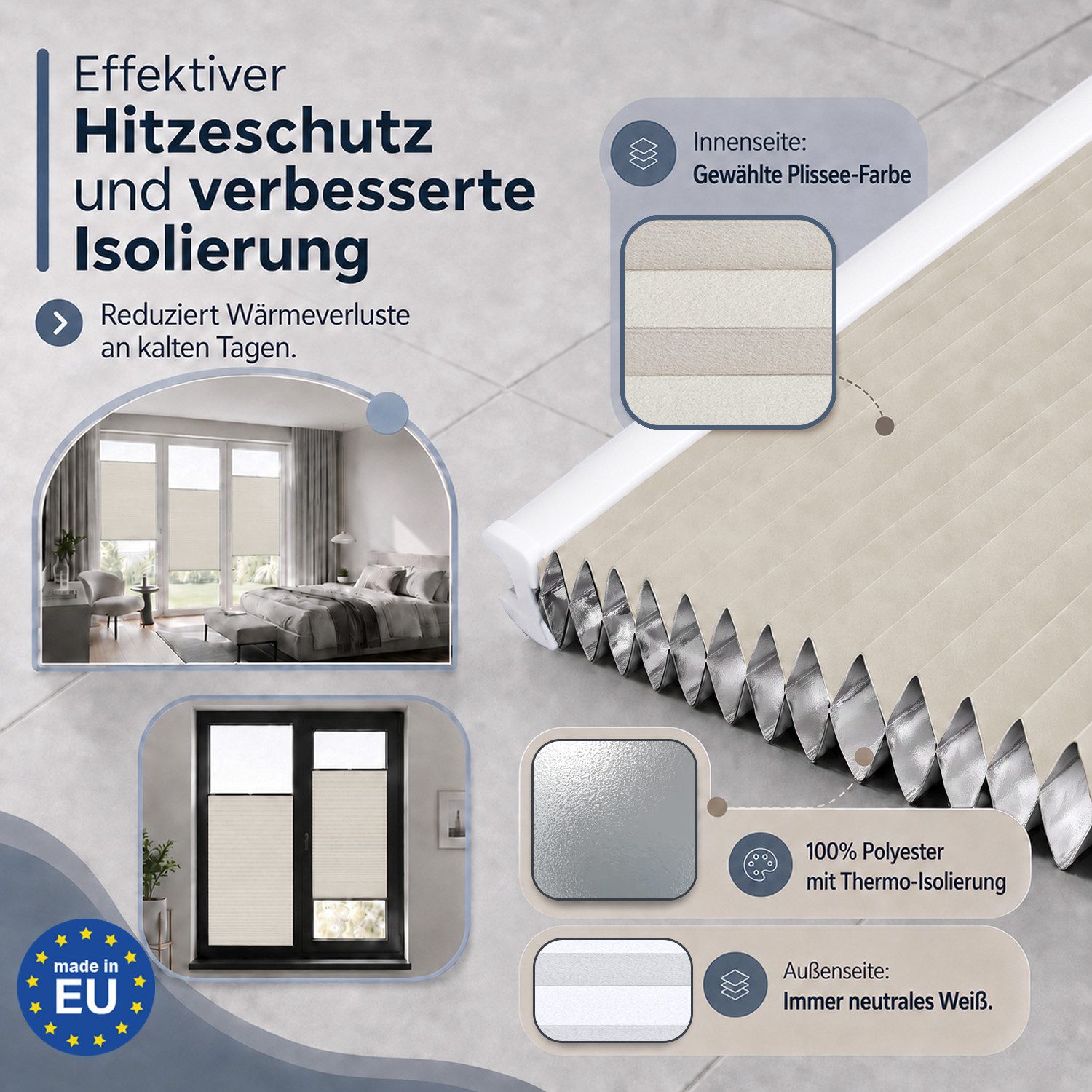 Rikmani Plissee Thermo Fensterplissee ohne Bohren, Champagner, 40x120, verdunkelnd, Klemmfix, Langlebige Premium-Qualität, Thermo Plissee – Bild 2 von 5