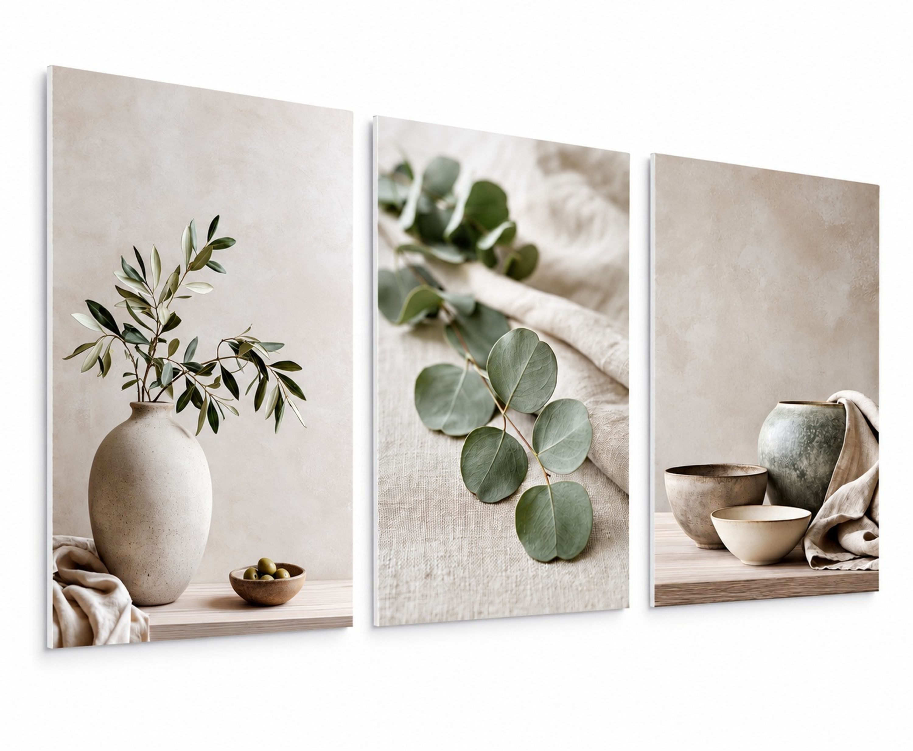 artissimo Mehrteilige Bilder Bilderset 3er-Set, Wandbilder-Set, Bilderwand, Wanddeko Japandi, Stillleben: Eukalyptus und Vasen in Beige und Grün