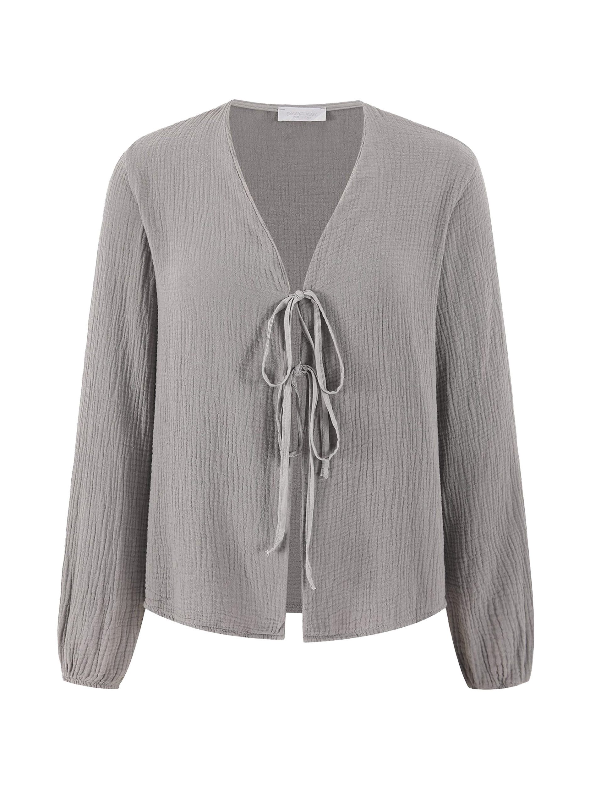 SASSYCLASSY Blusenjacke Oversized Musselin Blusenjacke mit Bindebändern Jacke aus Baumwolle mit langen Ballonärmeln